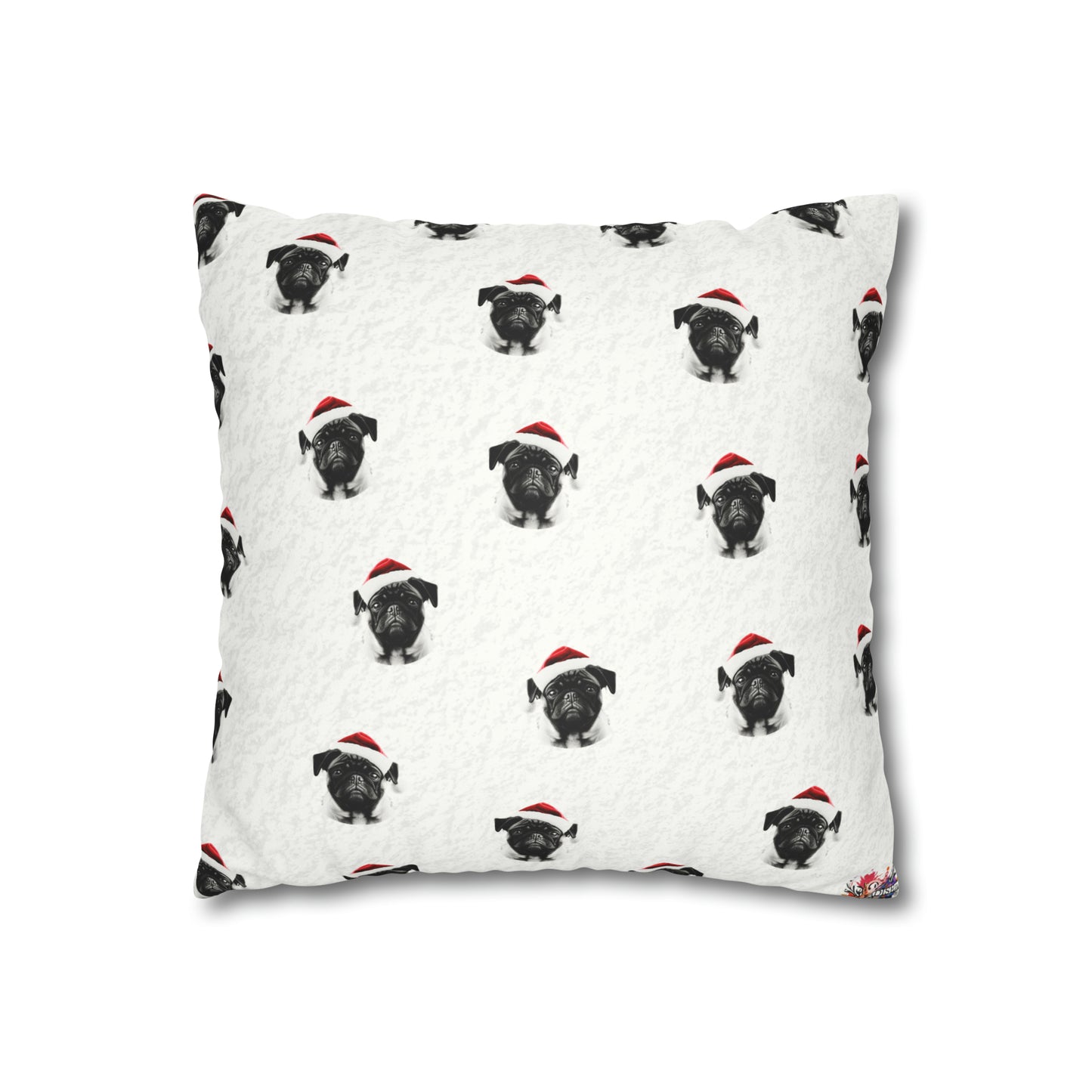 Adorable Pug Christmas Cushion Cover in Soft Faux Suede, featuring a festive pug design on a luxurious cushion, perfect for holiday decor.