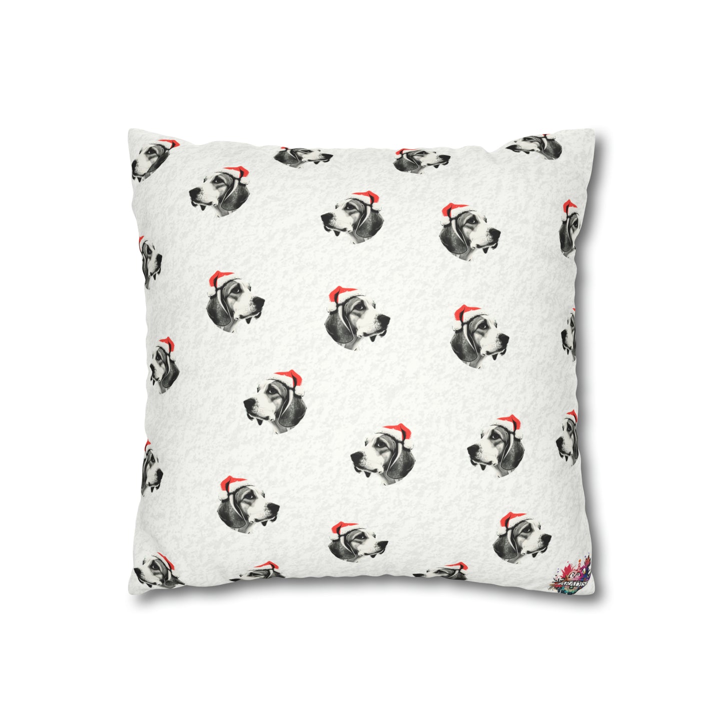 A cozy and festive white faux suede cushion cover featuring a charming Beagle in a Christmas setting. The cover is adorned with a joyful Beagle illustration surrounded by holiday motifs, capturing the essence of Christmas spirit and the playful nature of the beloved dog breed