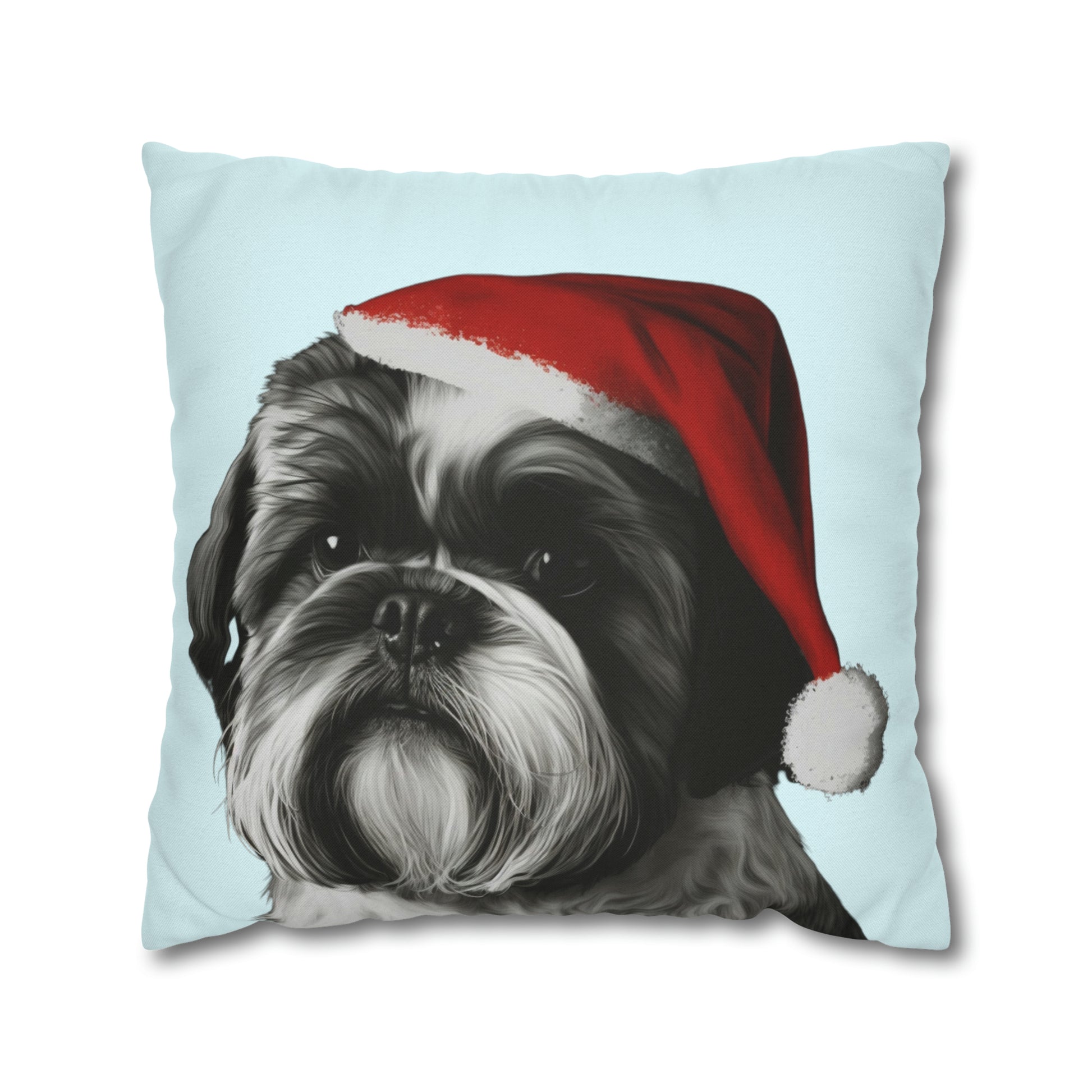 A festive Shih Tzu on a baby blue Christmas cushion cover, featuring an adorable Shih Tzu dog surrounded by holiday elements, perfect for adding seasonal charm to your home decor.