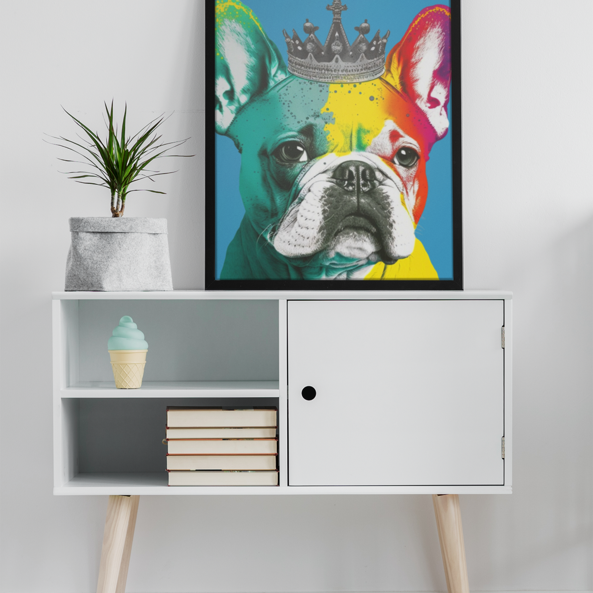 A French Bulldog sporting a regal crown against a striking royal blue background, captured in a vibrant PopArt style that exudes contemporary chic.