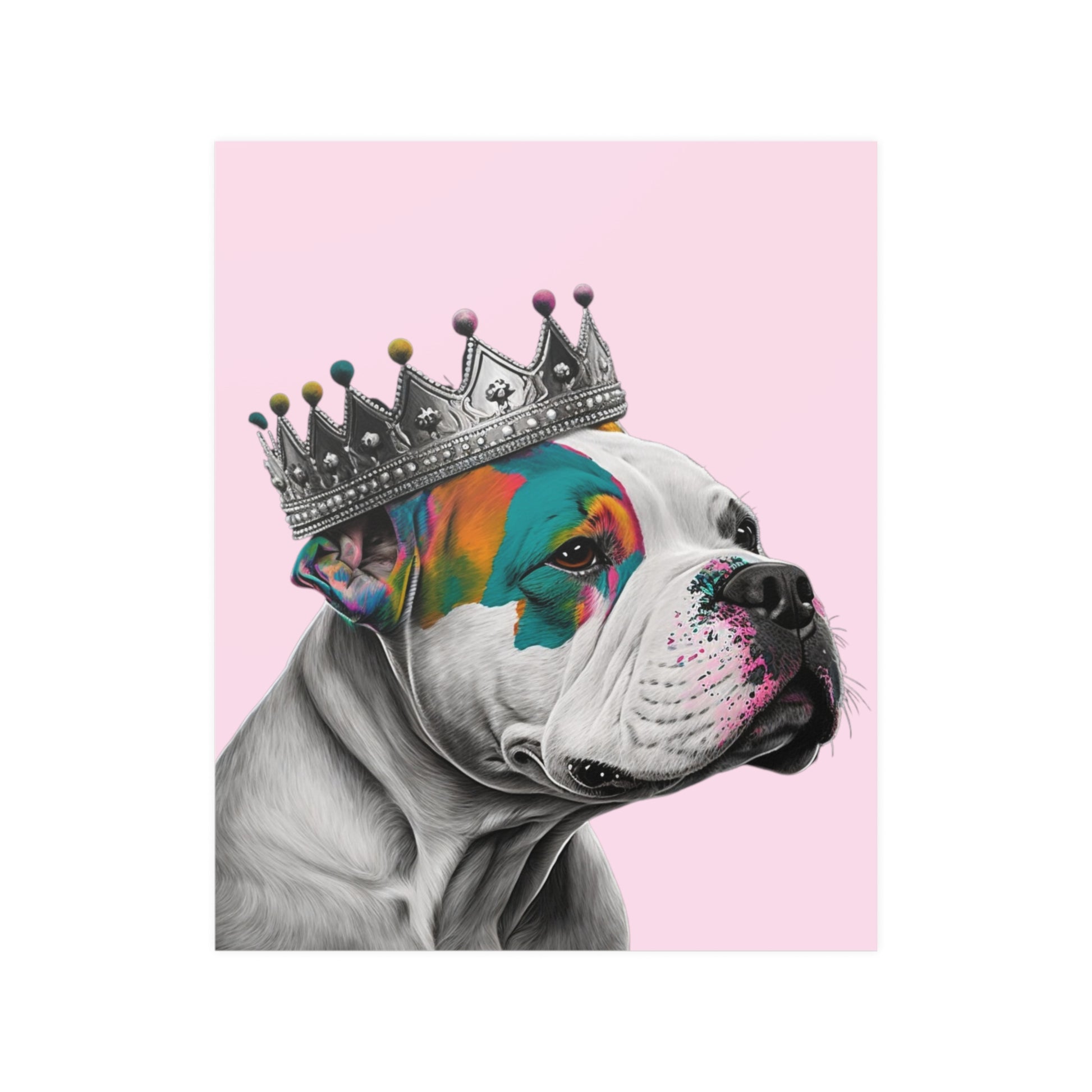 A regal XL Bully dog wearing a crown in vibrant pop art style on a pink poste