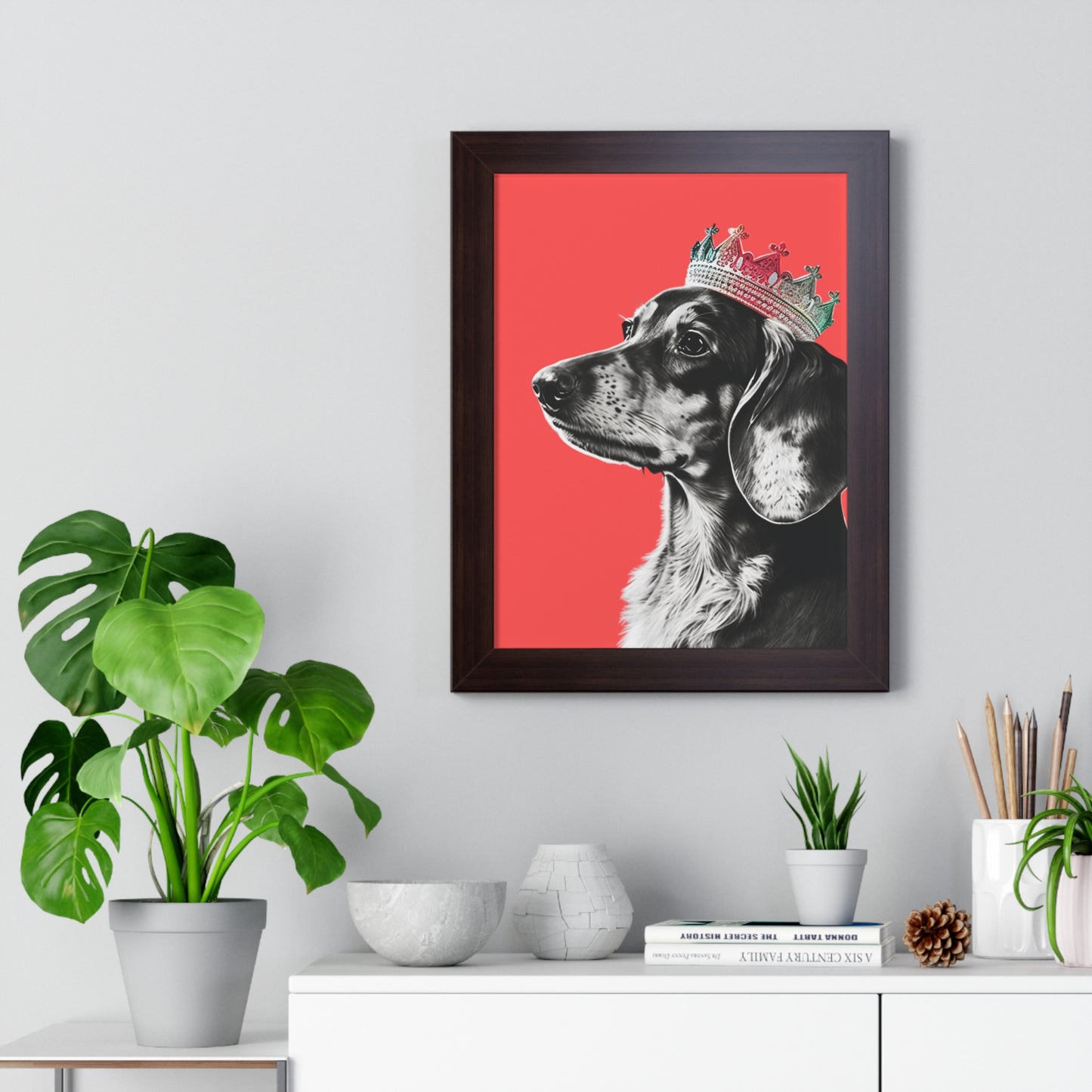 Dachshund on Coral Framed Art Print - Choice of White, Black, or Walnut Frame