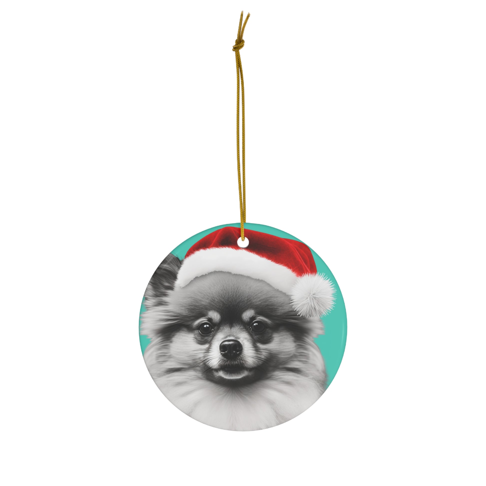 A charming Christmas tree ornament shaped like a Pomeranian, complete with festive decorations, ready to bring holiday spirit to your home