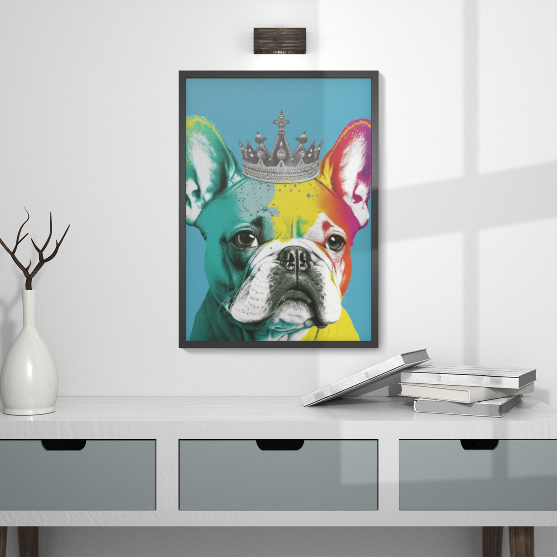 A French Bulldog sporting a regal crown against a striking royal blue background, captured in a vibrant PopArt style that exudes contemporary chic.