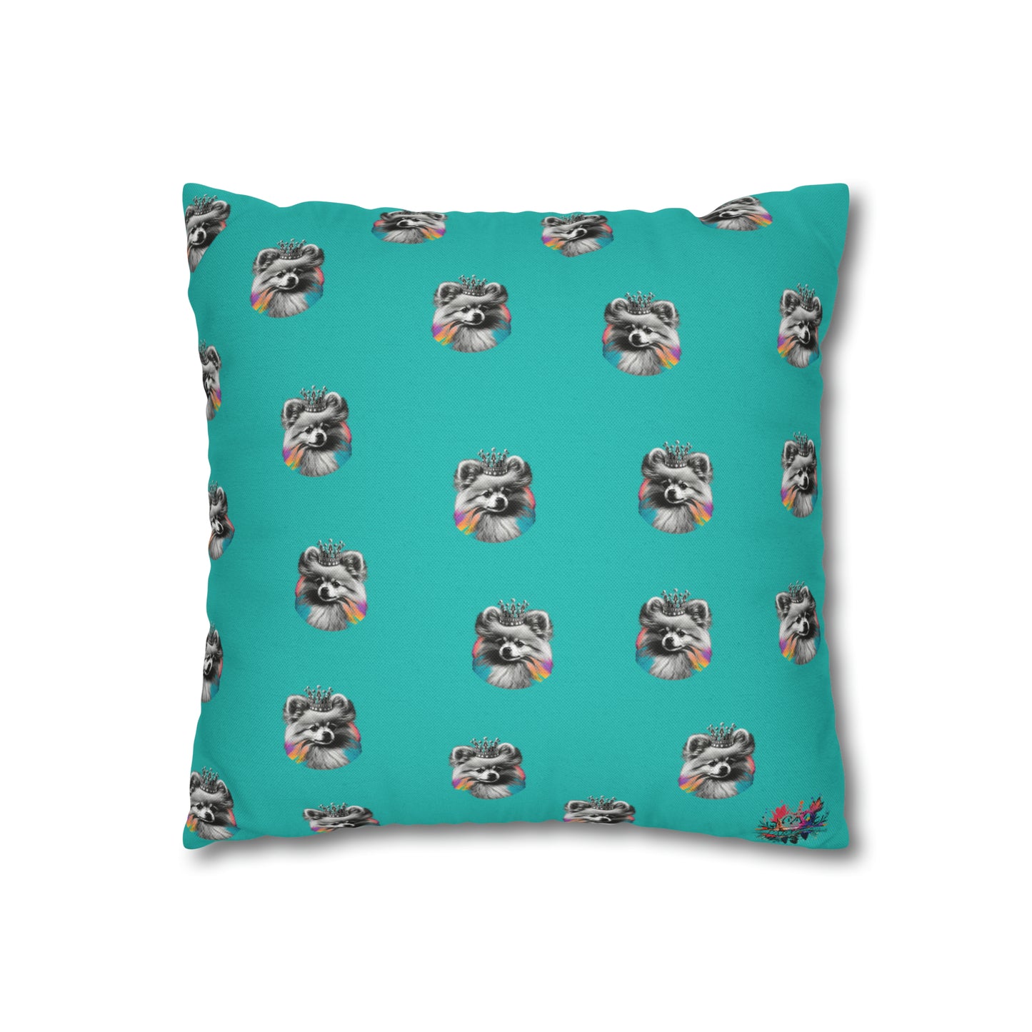 Black and White Pomeranian with Colours on Blue Cushion Cover