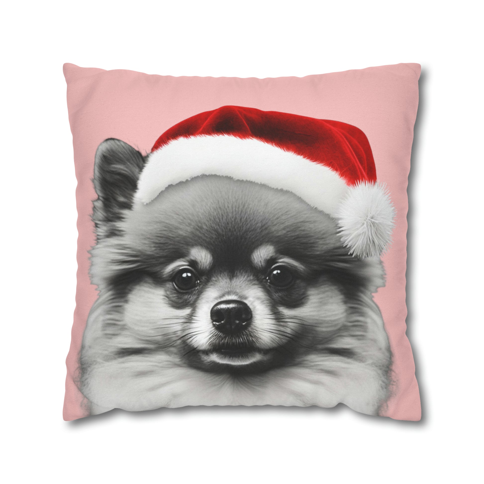 A cushion cover featuring a festive Pomeranian in holiday attire on a charming pink background, perfect for adding a cozy and cheerful touch to holiday decor