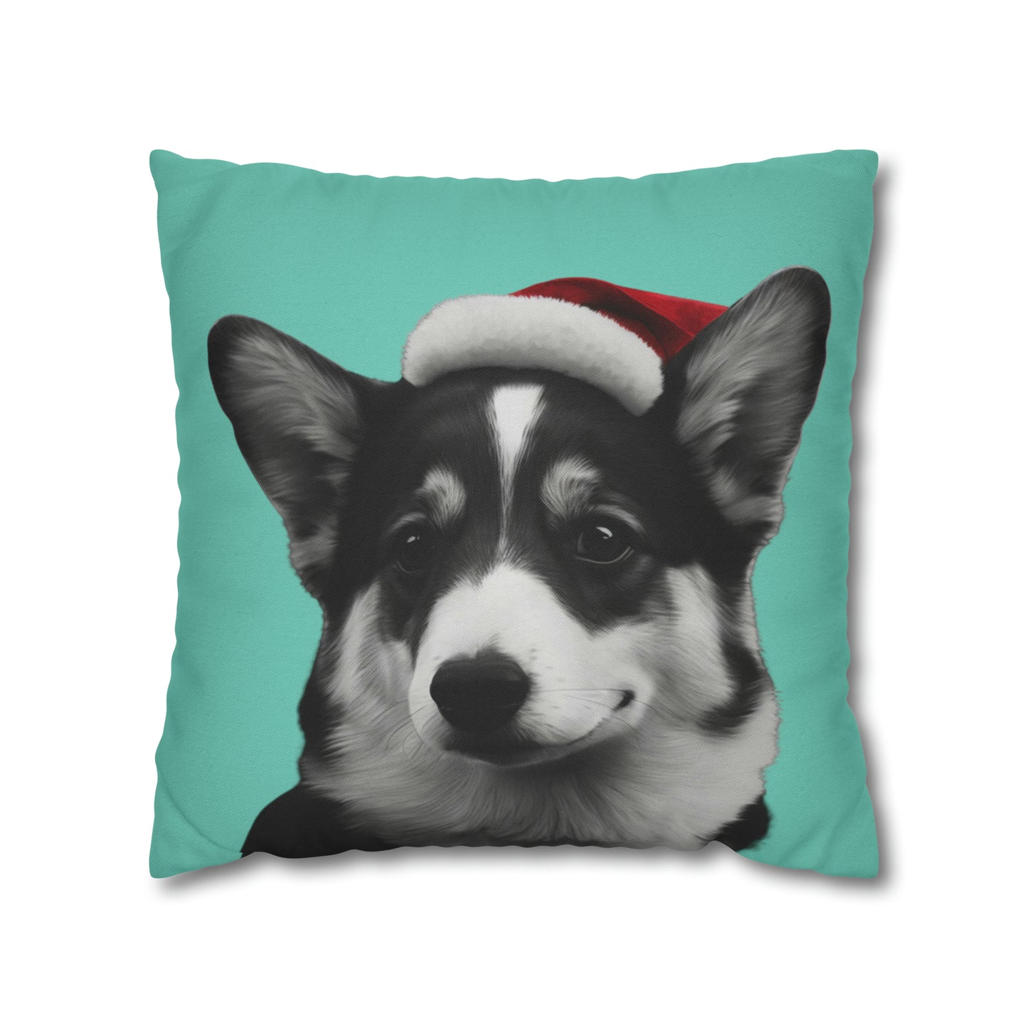 Black and White Corgi with Santa Hat on Green Cushion Cover