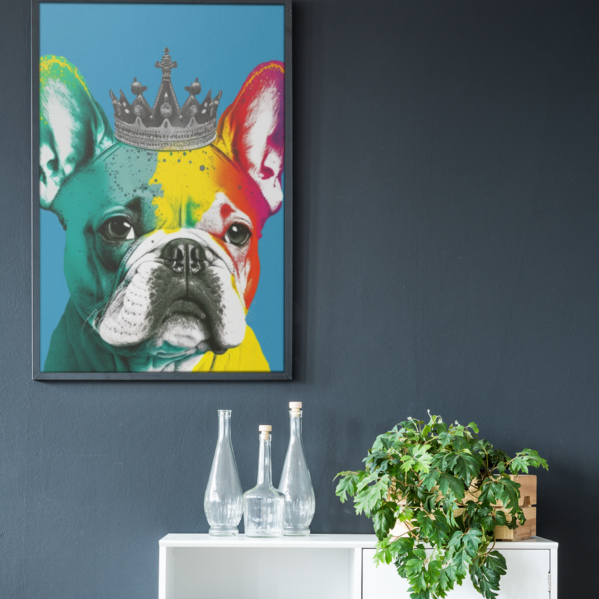 A French Bulldog sporting a regal crown against a striking royal blue background, captured in a vibrant PopArt style that exudes contemporary chic.