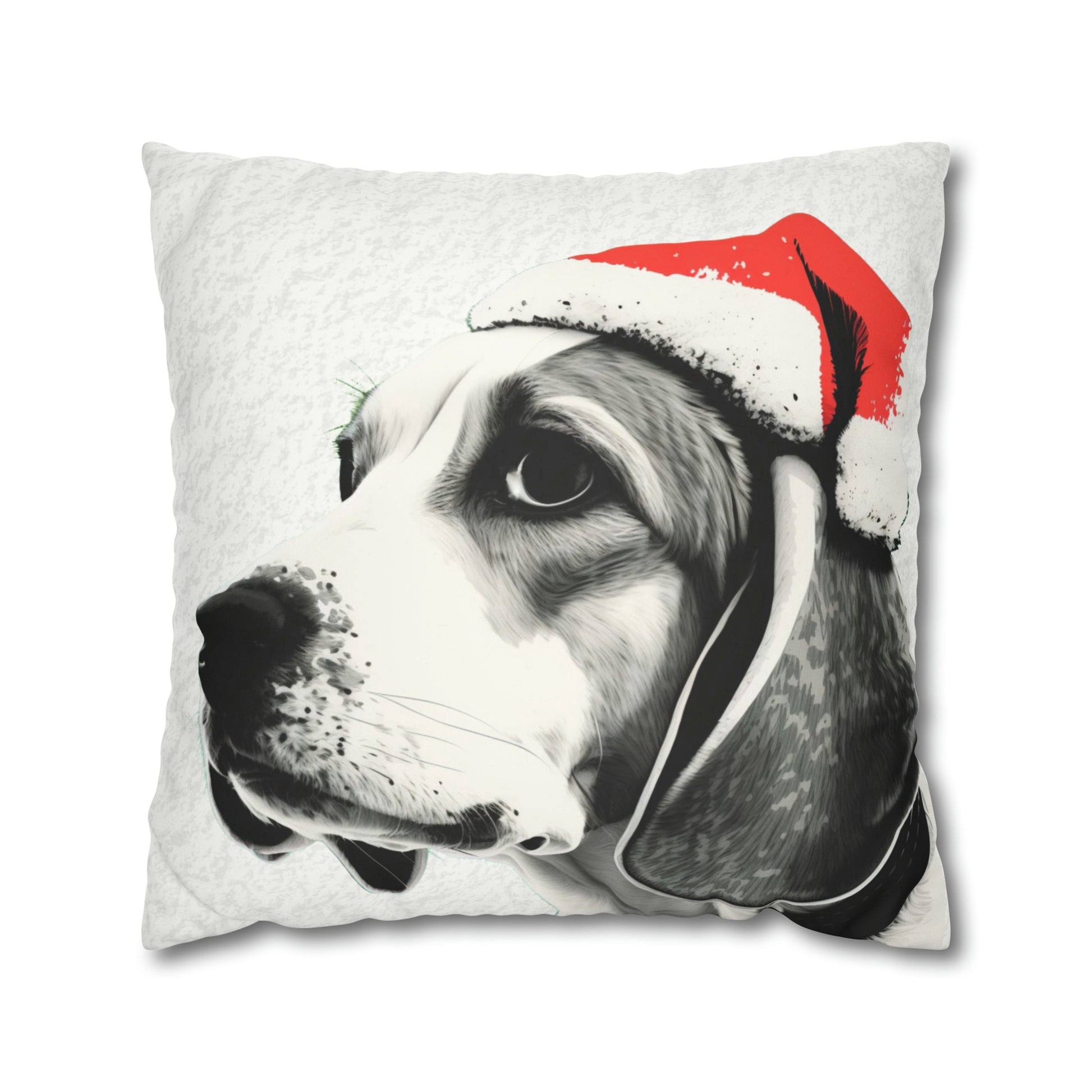 A cozy and festive white faux suede cushion cover featuring a charming Beagle in a Christmas setting. The cover is adorned with a joyful Beagle illustration surrounded by holiday motifs, capturing the essence of Christmas spirit and the playful nature of the beloved dog breed