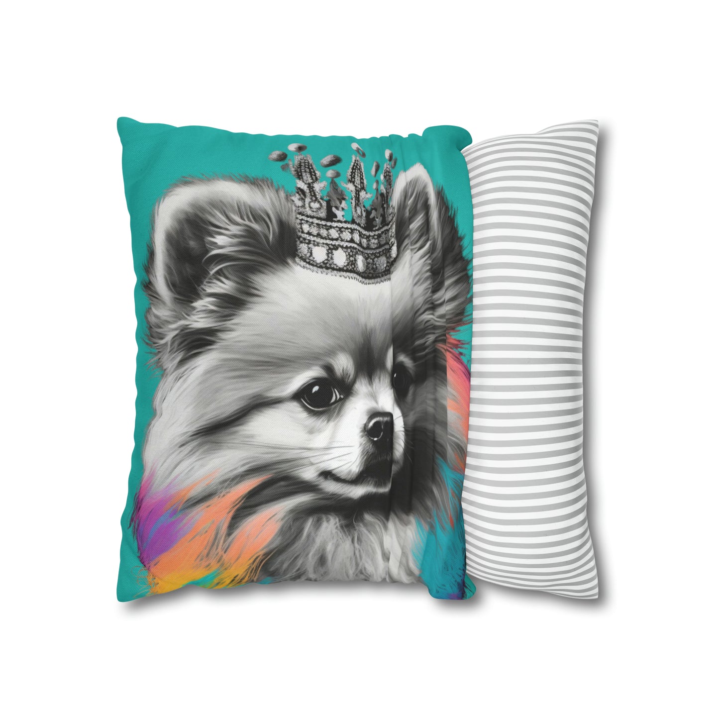 Black and White Pomeranian with Colours on Blue Cushion Cover