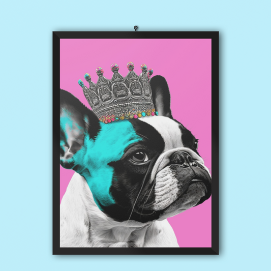 Vibrant PopArt poster featuring a French Bulldog wearing a royal crown, set against a bright pink background, embodying a playful yet majestic aesthetic.