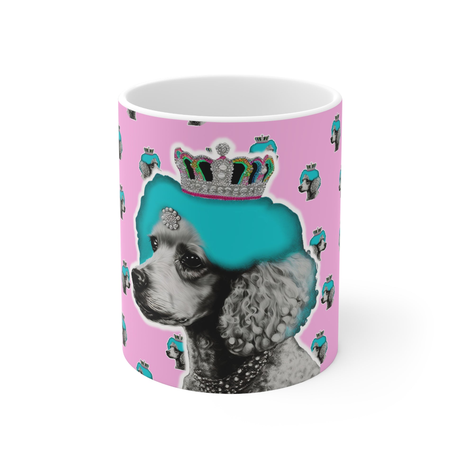 Crowned Pop Art Poodle Mug in Pink' features a vibrant and colorful illustration of a regal poodle in pop art style on a pink background, perfect for adding a touch of whimsy and style to your drinkware collection