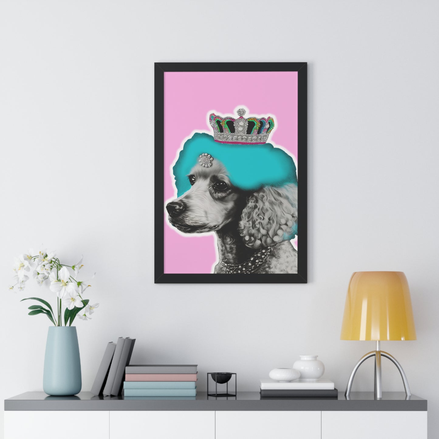 Framed Crowned Pop Art Poodle Print on Pink - Choose Walnut, White, or Black Frame