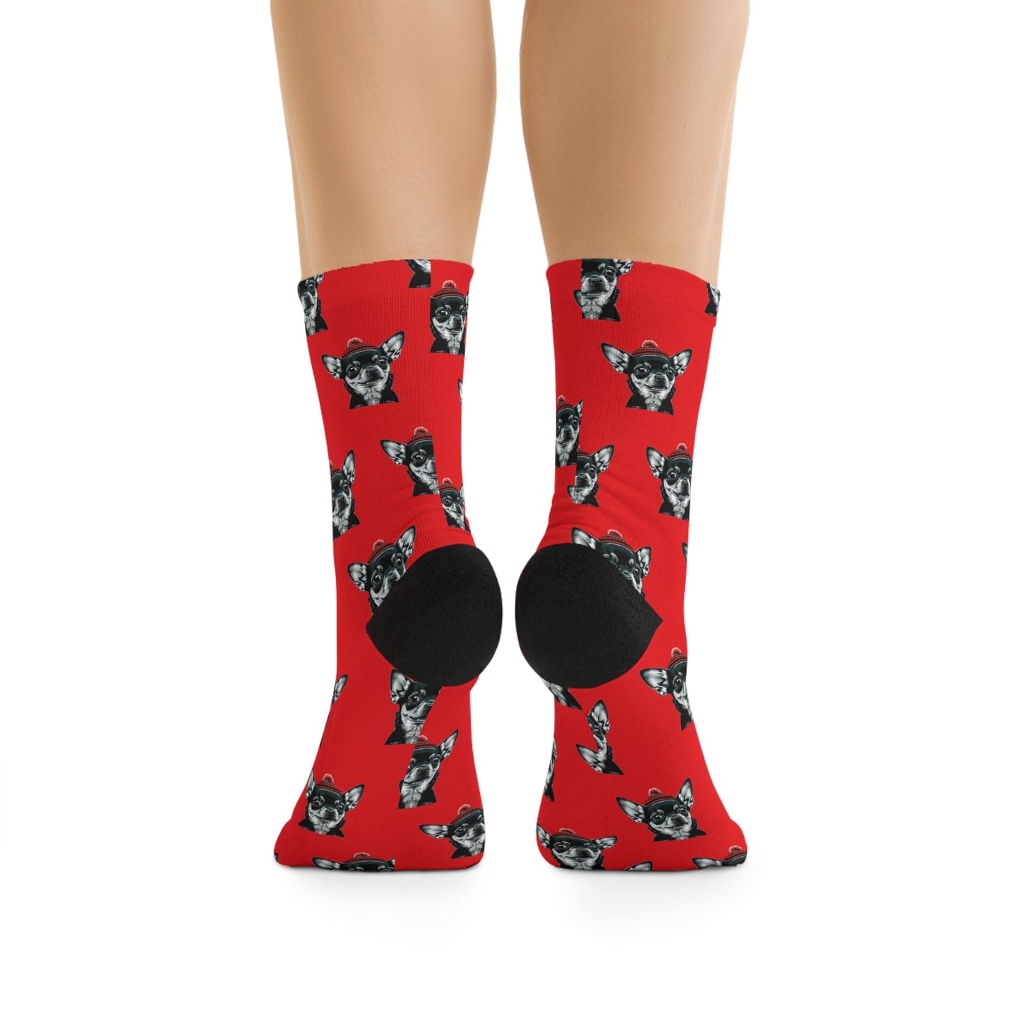  Charming Chihuahua Xmas Socks on Festive Red - Adorable holiday socks featuring a festive Chihuahua design on a cheerful red background, perfect for adding a touch of holiday cheer to your outfit.