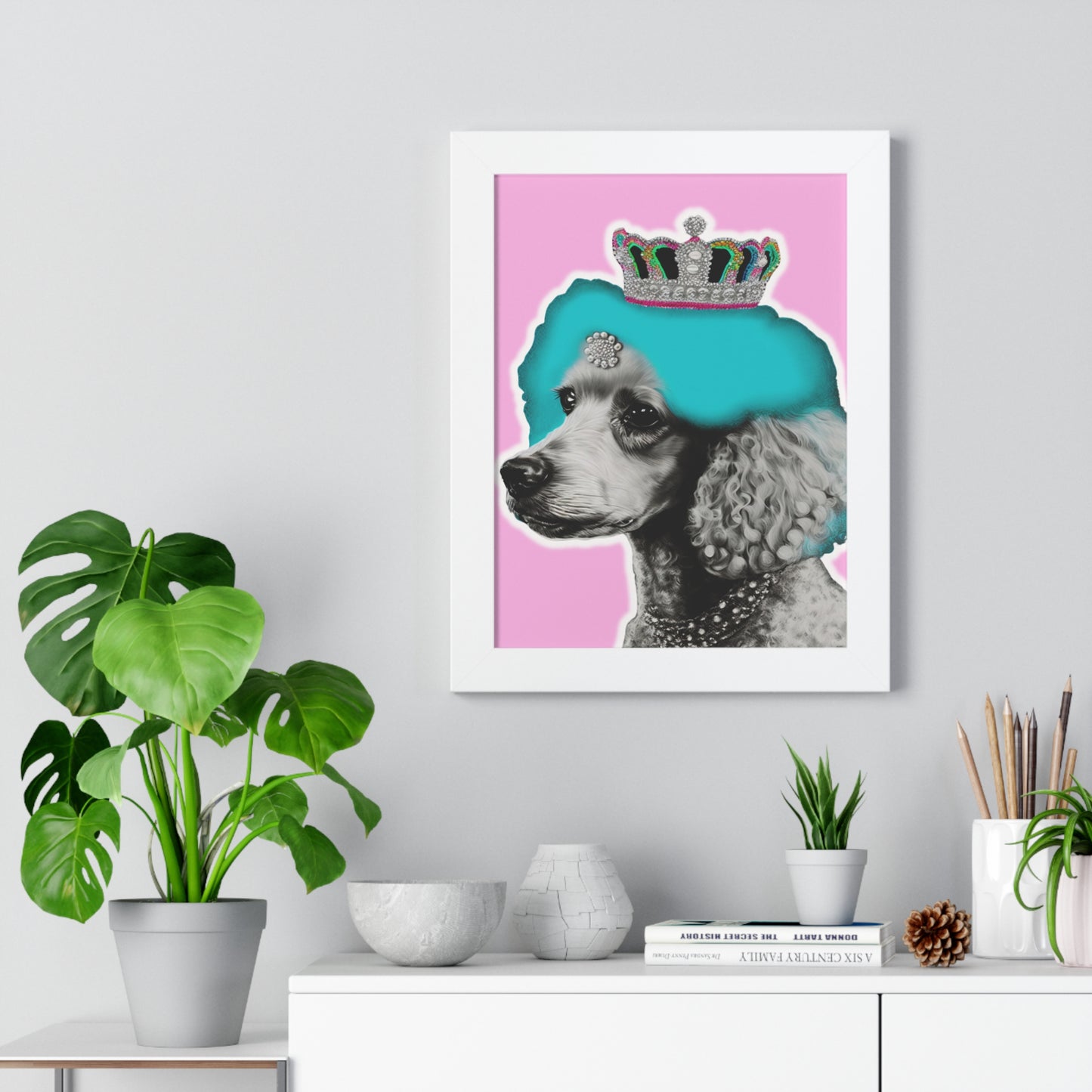 Framed Crowned Pop Art Poodle Print on Pink - Choose Walnut, White, or Black Frame