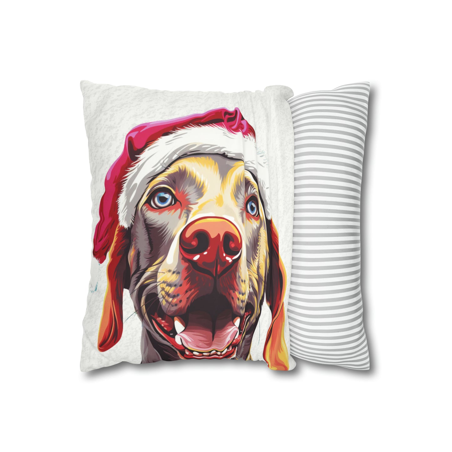 A sophisticated white cushion cover featuring a detailed illustration of a graceful Weimaraner set in a picturesque winter wonderland scene. The cover, designed for the festive season, elegantly blends the dog's silhouette with a backdrop of snowy landscapes and subtle Christmas motifs, creating a serene and stylish holiday decor piece.