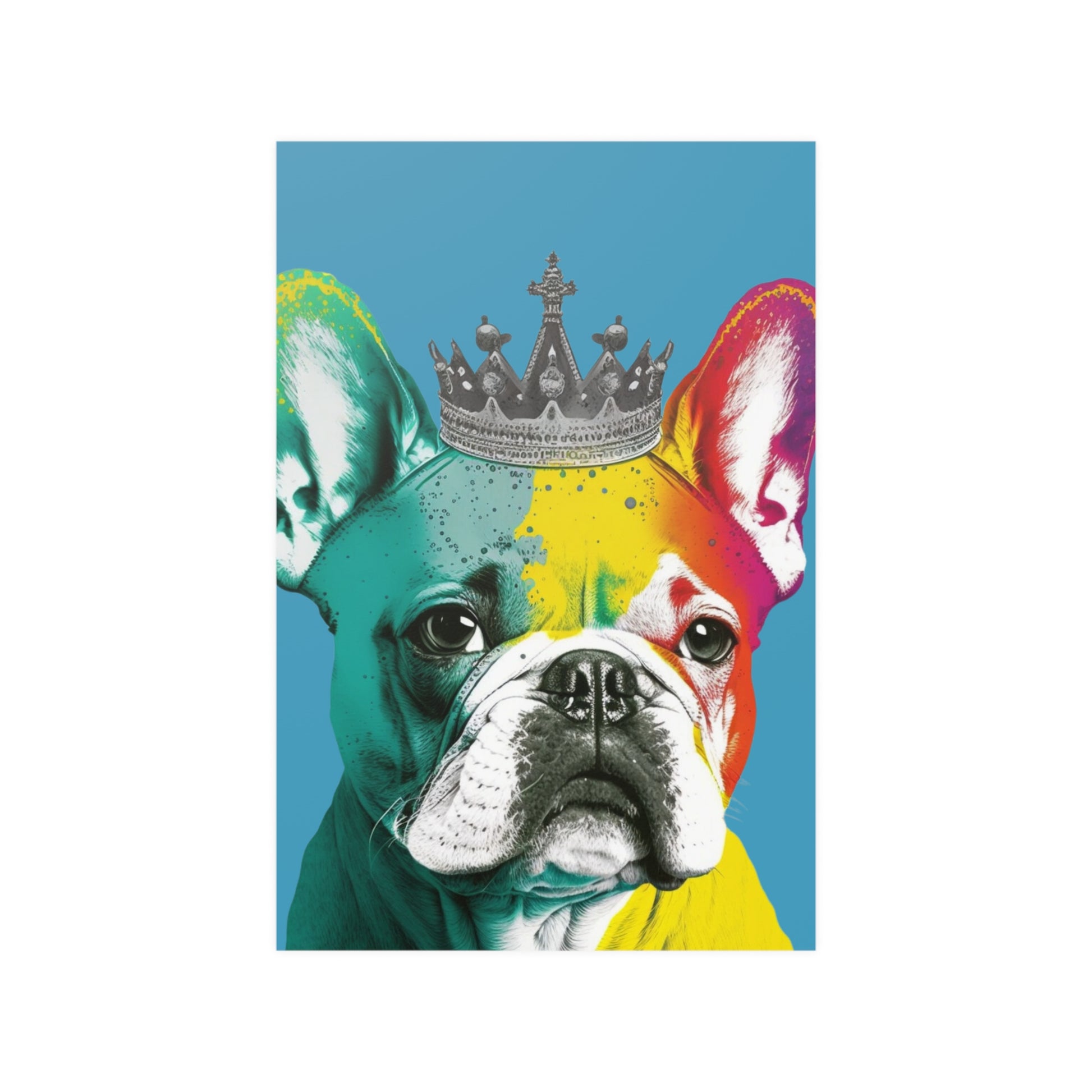 A French Bulldog sporting a regal crown against a striking royal blue background, captured in a vibrant PopArt style that exudes contemporary chic.