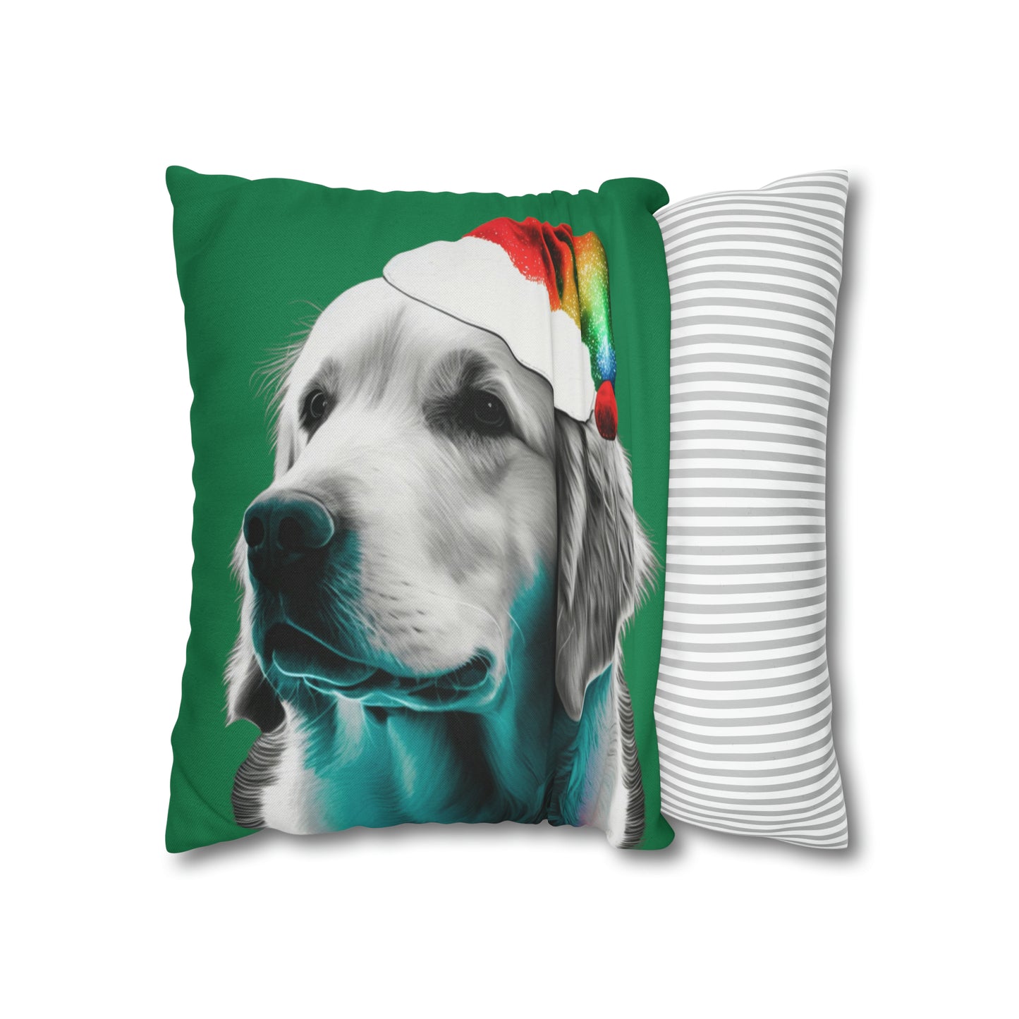 A PopArt depiction of a Golden Retriever wearing a colorful Santa hat set against a festive green background, perfect for holiday decorating.