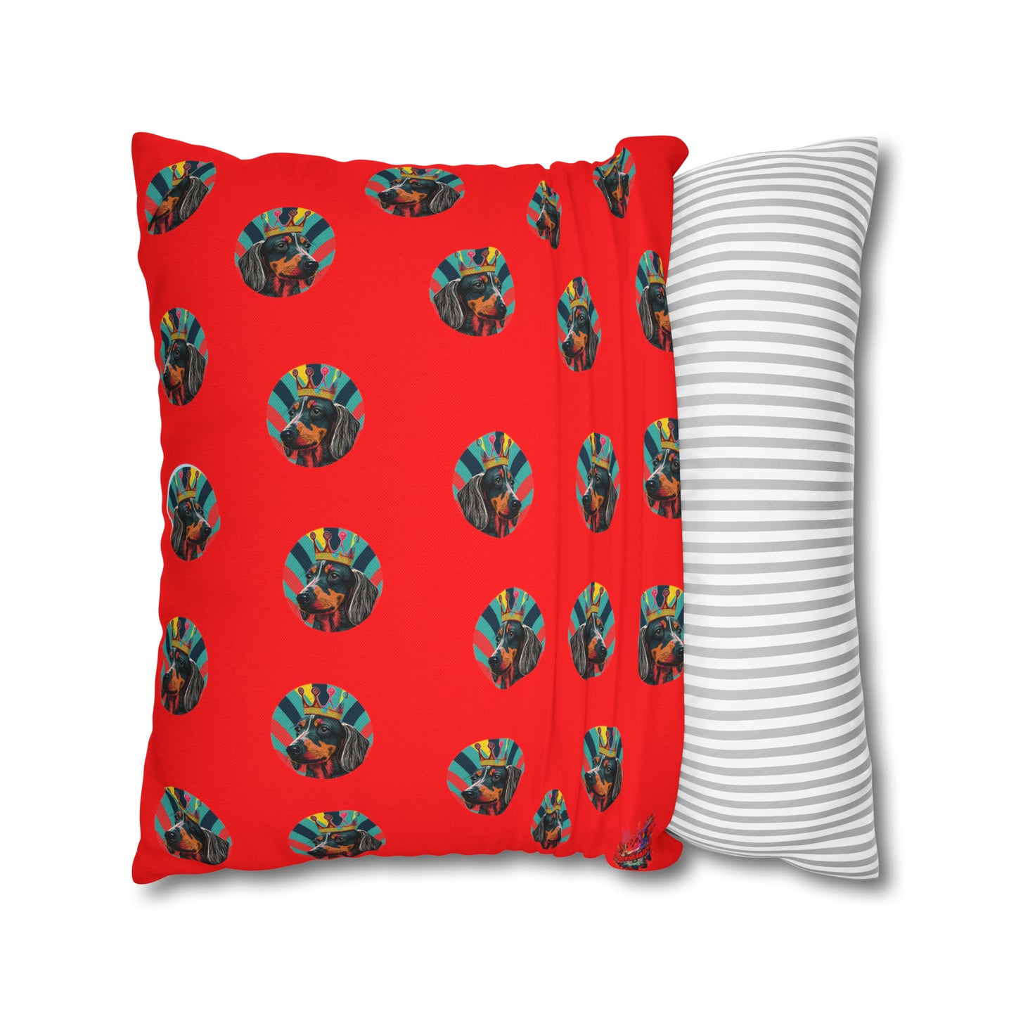 Pop Art Crowned Dachshund on Stripes cushion cover - A vibrant and artistic home decor accent featuring a colorful dachshund wearing a crown against a detailed striped background.