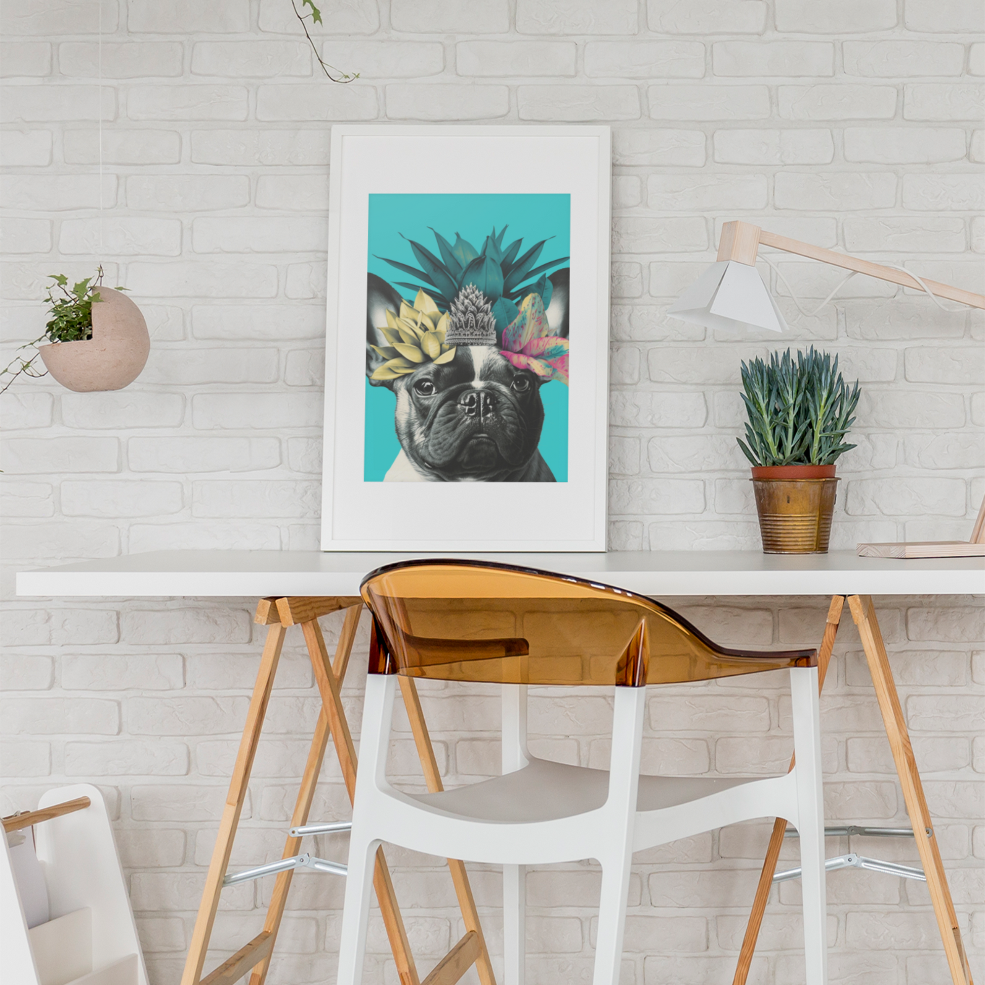 A French Bulldog with a crown of tropical flowers sits against a bright blue background, evoking a cheerful and summery island atmosphere.