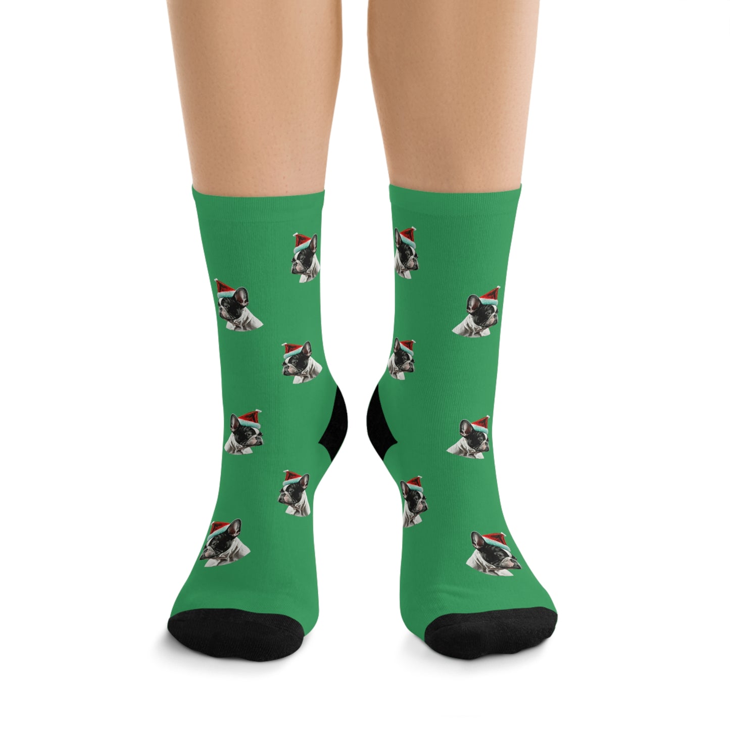 Green Christmas socks featuring a festive French Bulldog design, perfect for bringing holiday cheer and comfort to any dog lover's feet