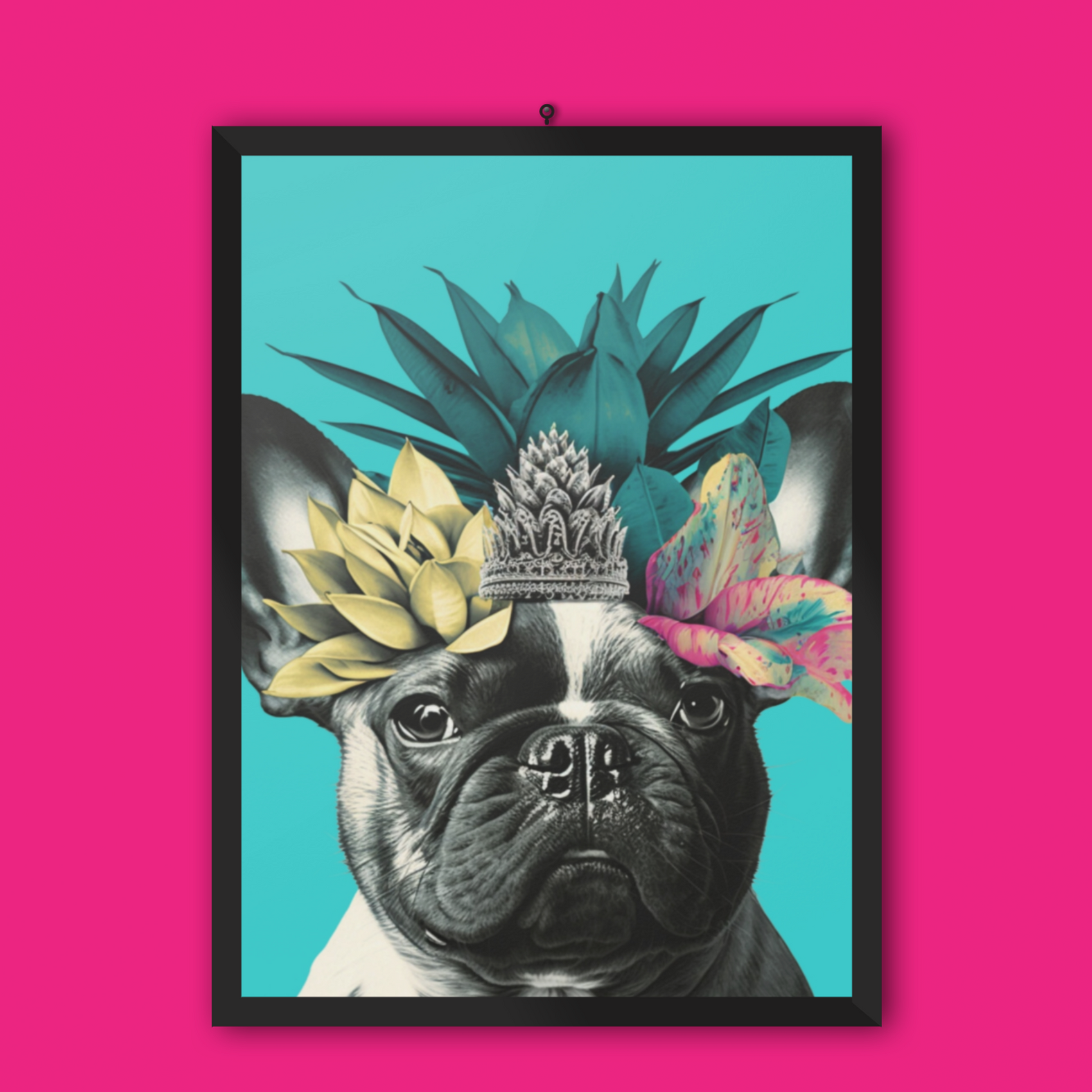 A French Bulldog with a crown of tropical flowers sits against a bright blue background, evoking a cheerful and summery island atmosphere.