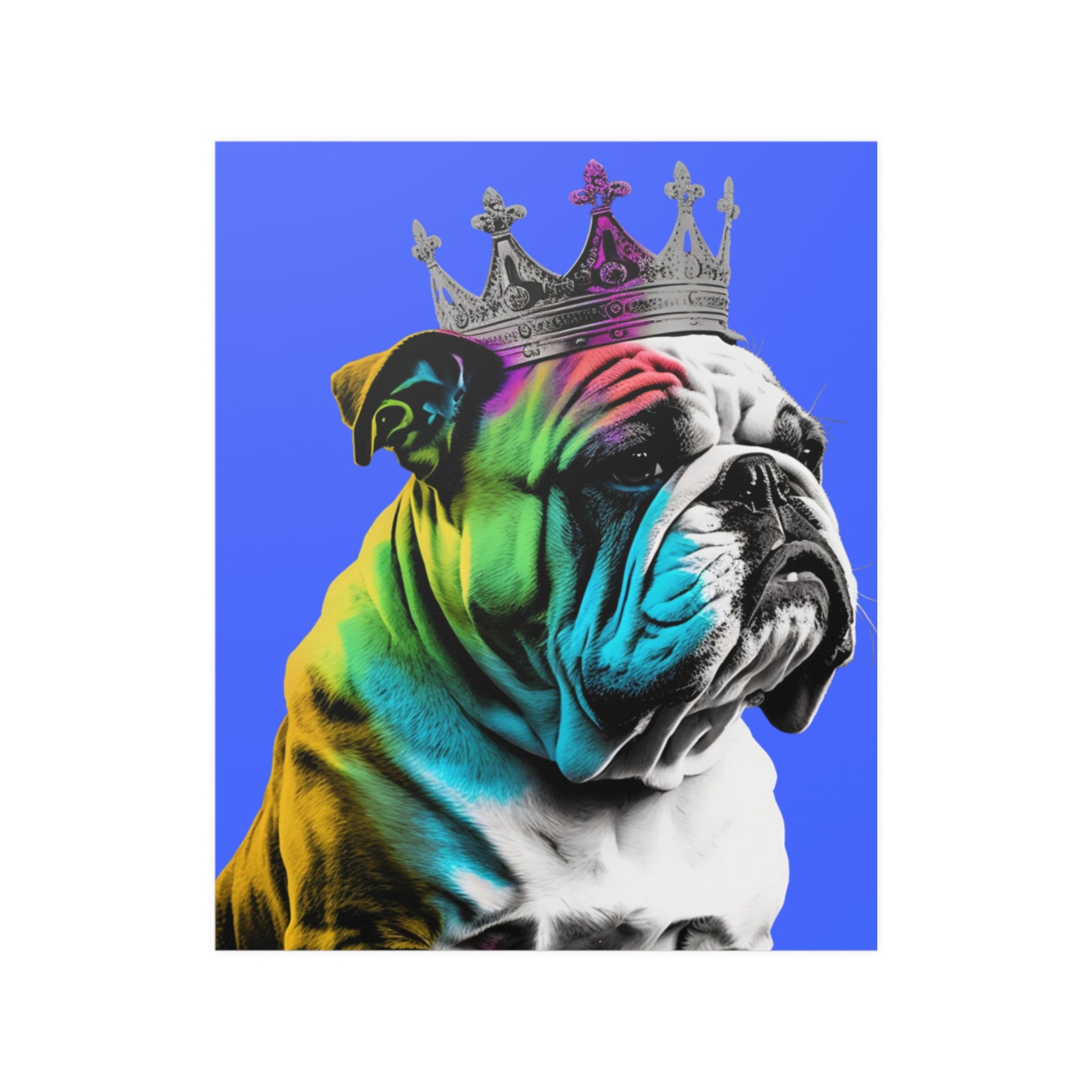 A British Bulldog portrayed in PopArt style, featuring bold outlines and colors on a vibrant blue background that captures the breed's distinctive character.