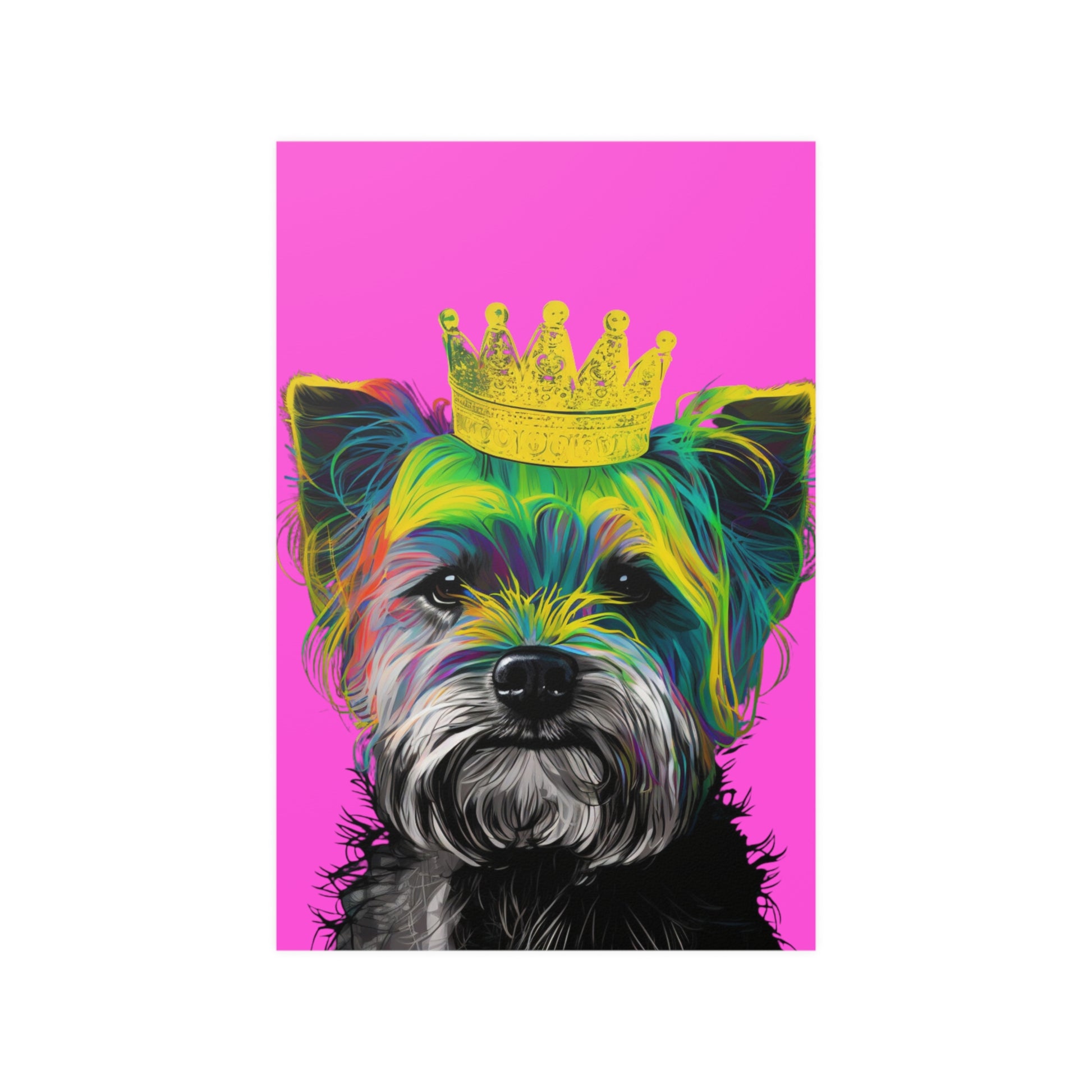 Eye-catching poster featuring a vibrant purple Pop Art depiction of a Yorkshire Terrier. The bold and playful design highlights the spirited personality of the Yorkie, making it a perfect artistic statement for any dog lover's home decor.