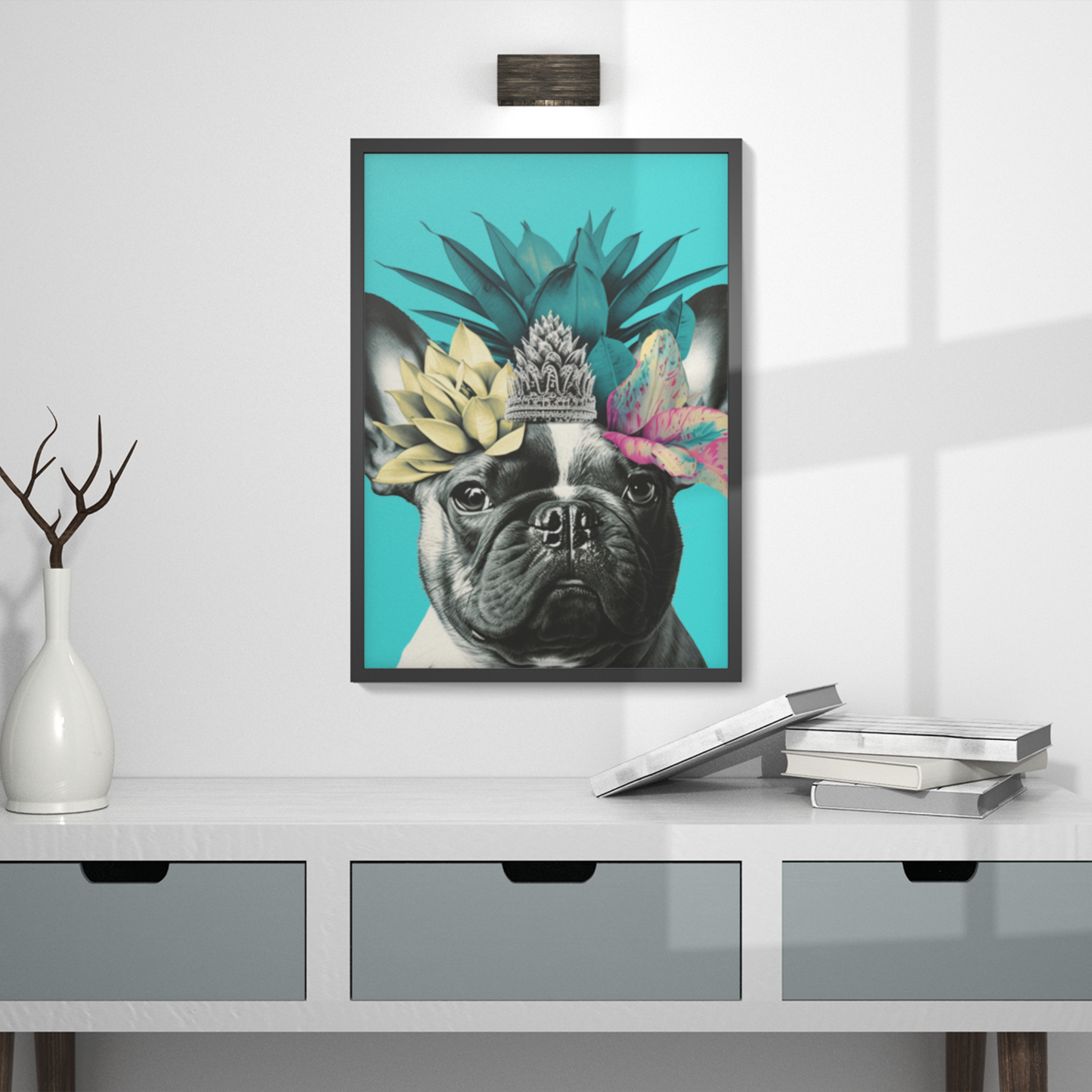 A French Bulldog with a crown of tropical flowers sits against a bright blue background, evoking a cheerful and summery island atmosphere.