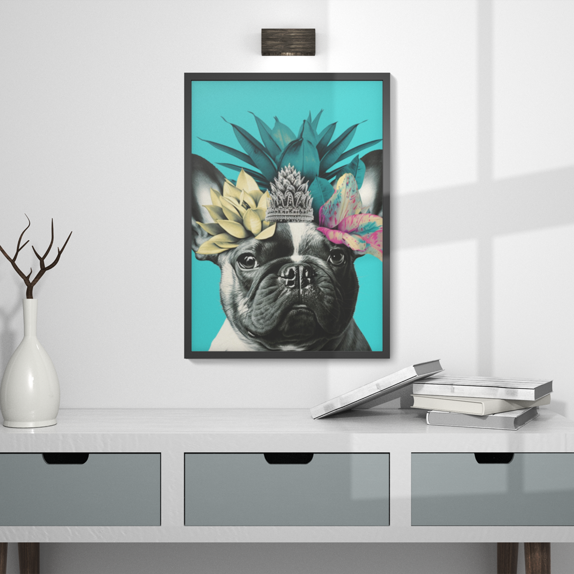 A French Bulldog with a crown of tropical flowers sits against a bright blue background, evoking a cheerful and summery island atmosphere.