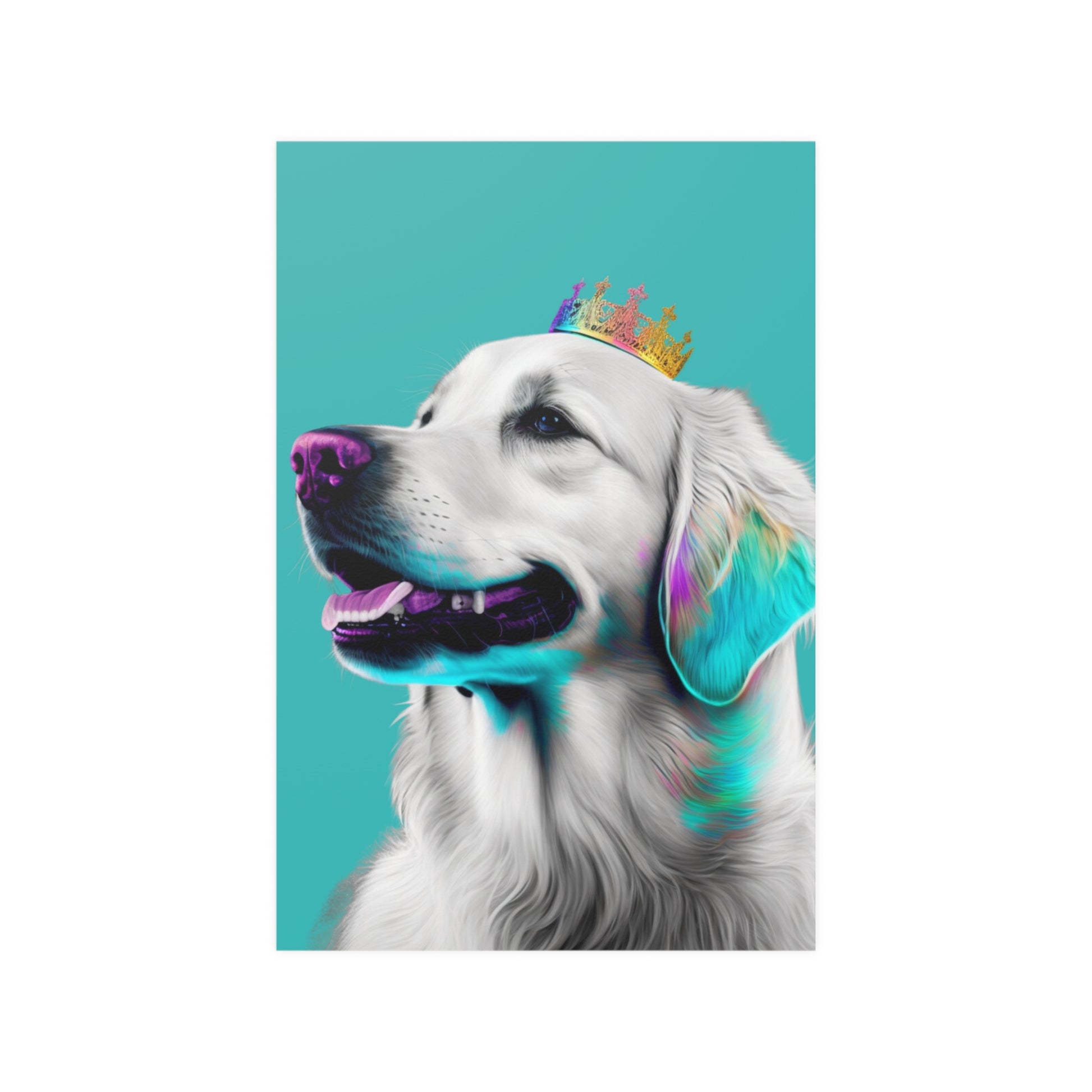 Pop art style poster featuring a Regal Golden Retriever portrayed in royal blue tones, symbolizing nobility, with a pop art aesthetic for a modern and majestic depiction."