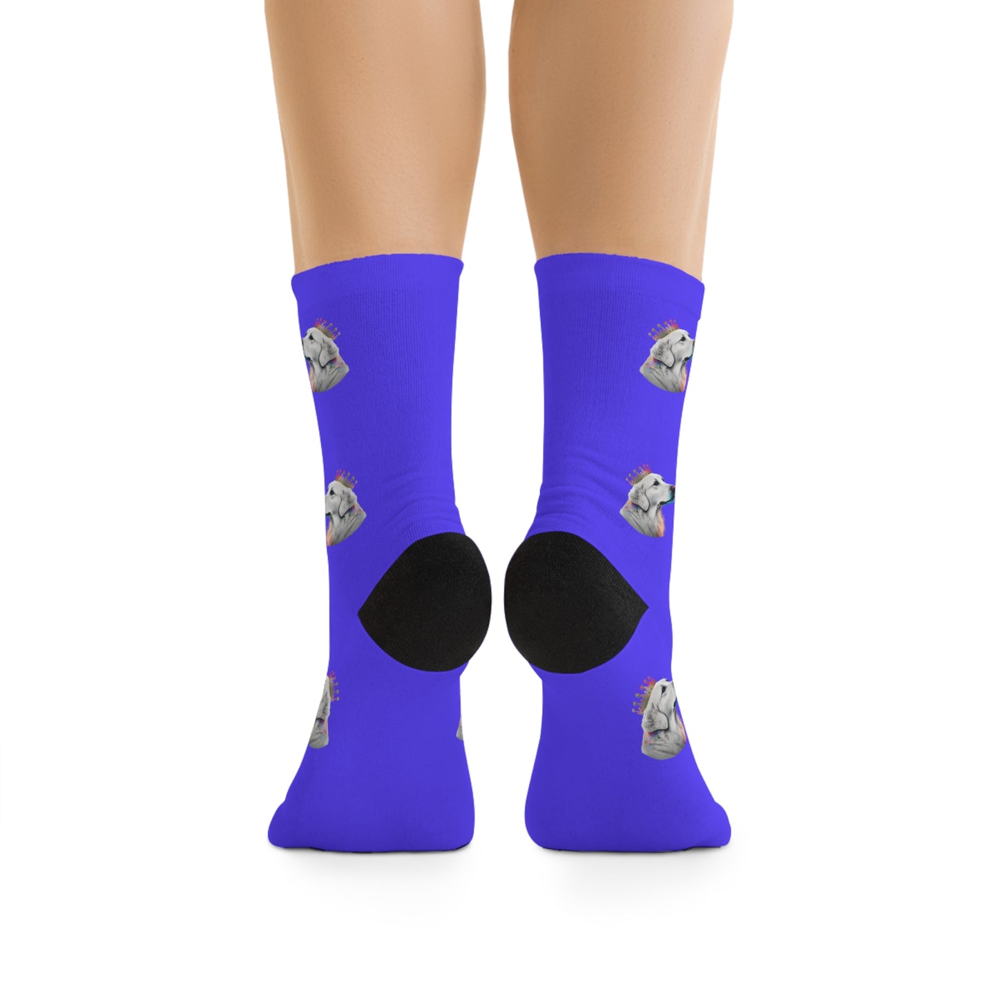 Novelty socks featuring a Regal Golden Retriever with a colorful crown set against a vibrant blue background, perfect for stylish dog enthusiasts.