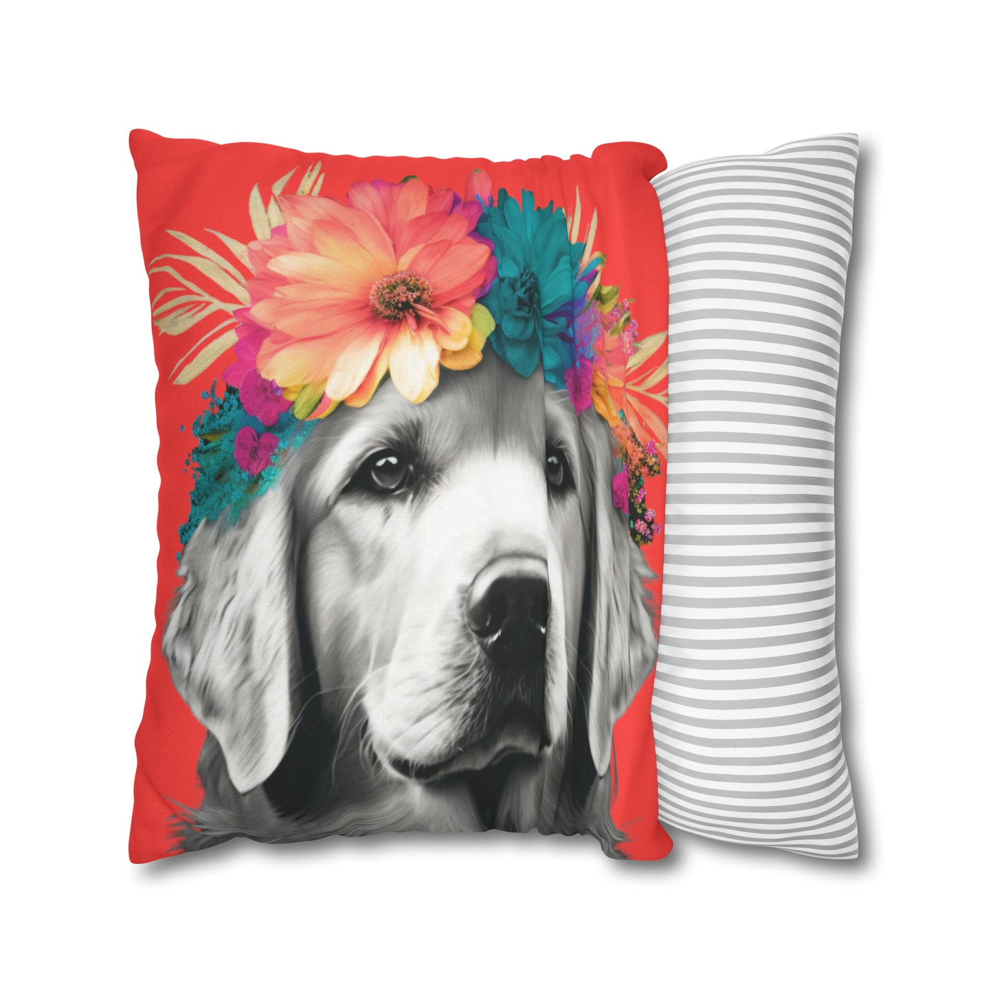 A Coral Bliss pillowcase featuring a tropical Golden Retriever design, perfect for adding a touch of paradise to your home decor.