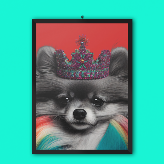 Black and White Pomeranian Crown  on Red Poster Print