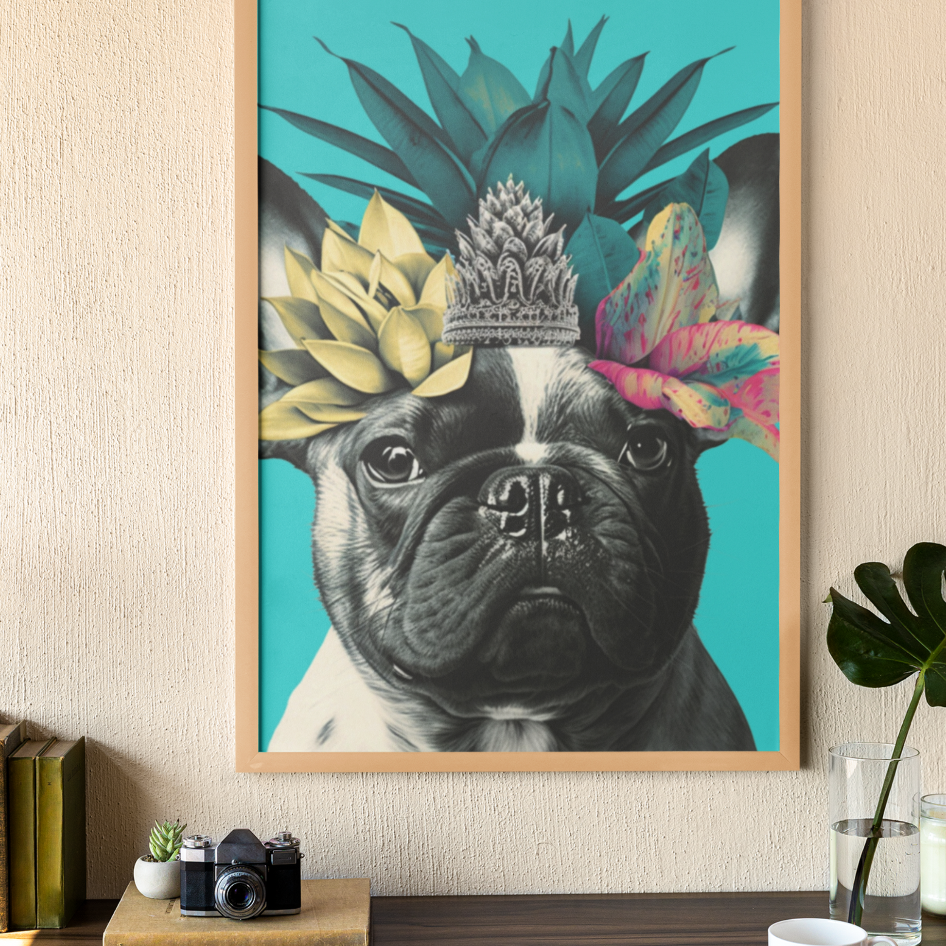 A French Bulldog with a crown of tropical flowers sits against a bright blue background, evoking a cheerful and summery island atmosphere.