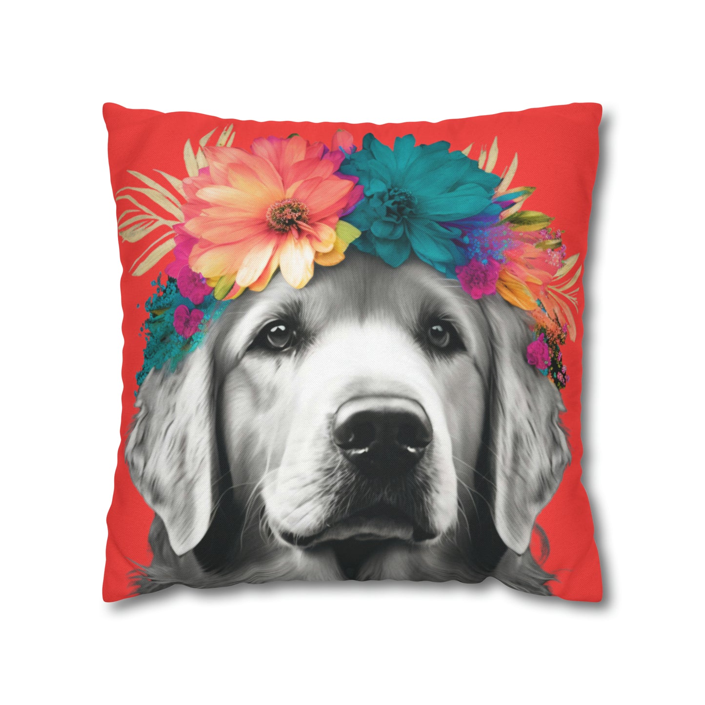 A Coral Bliss pillowcase featuring a tropical Golden Retriever design, perfect for adding a touch of paradise to your home decor.