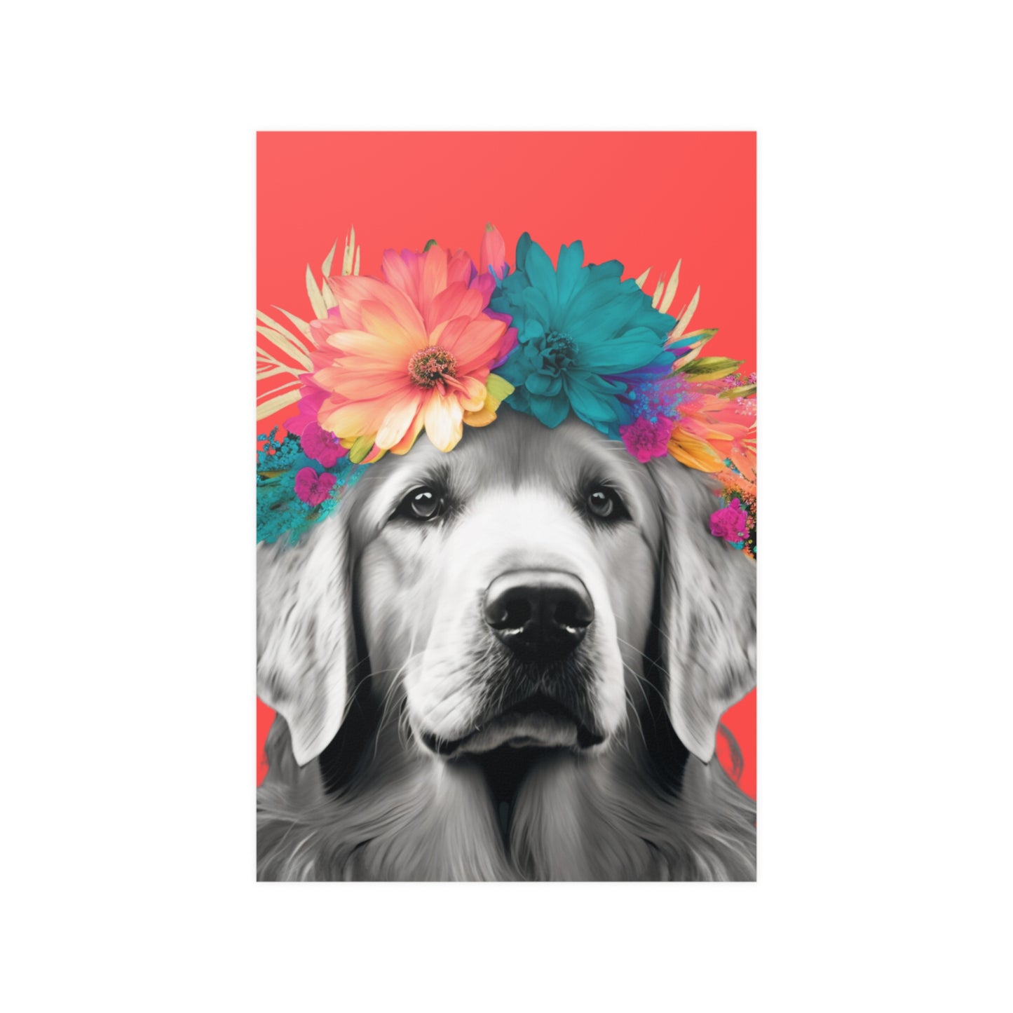 A Golden Retriever lounging amidst tropical flora on a calming coral background, embodying a serene tropical getaway in poster form.