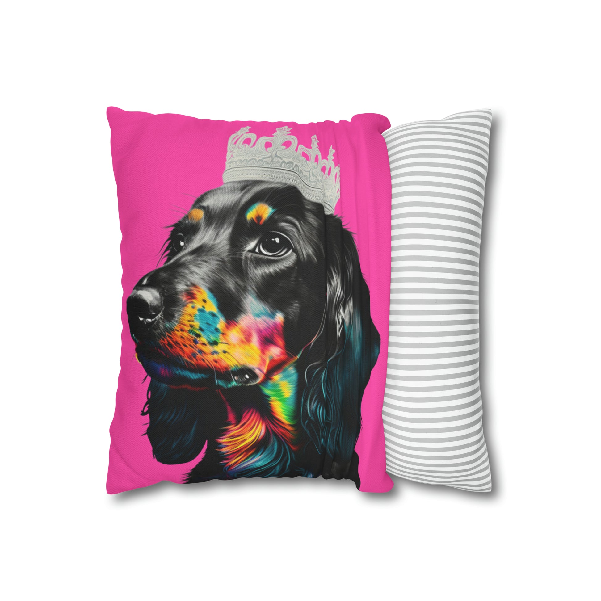 A whimsical cushion cover featuring a princess Dachshund in regal attire on a pink background, perfect for adding a touch of canine royalty to your home decor.