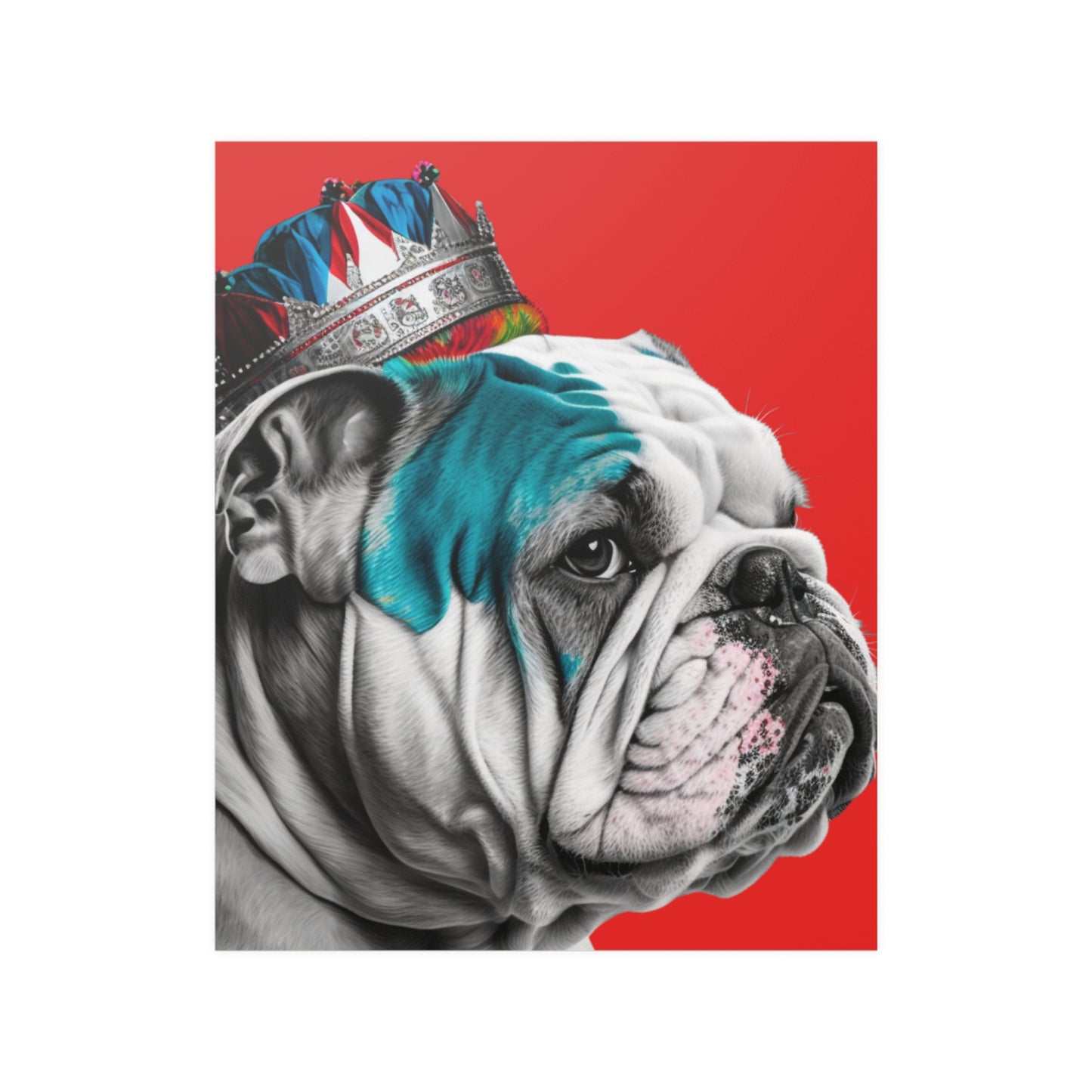 A PopArt style poster featuring a British Bulldog wearing a crown against a bold red background, creating a striking visual of regal canine charm.