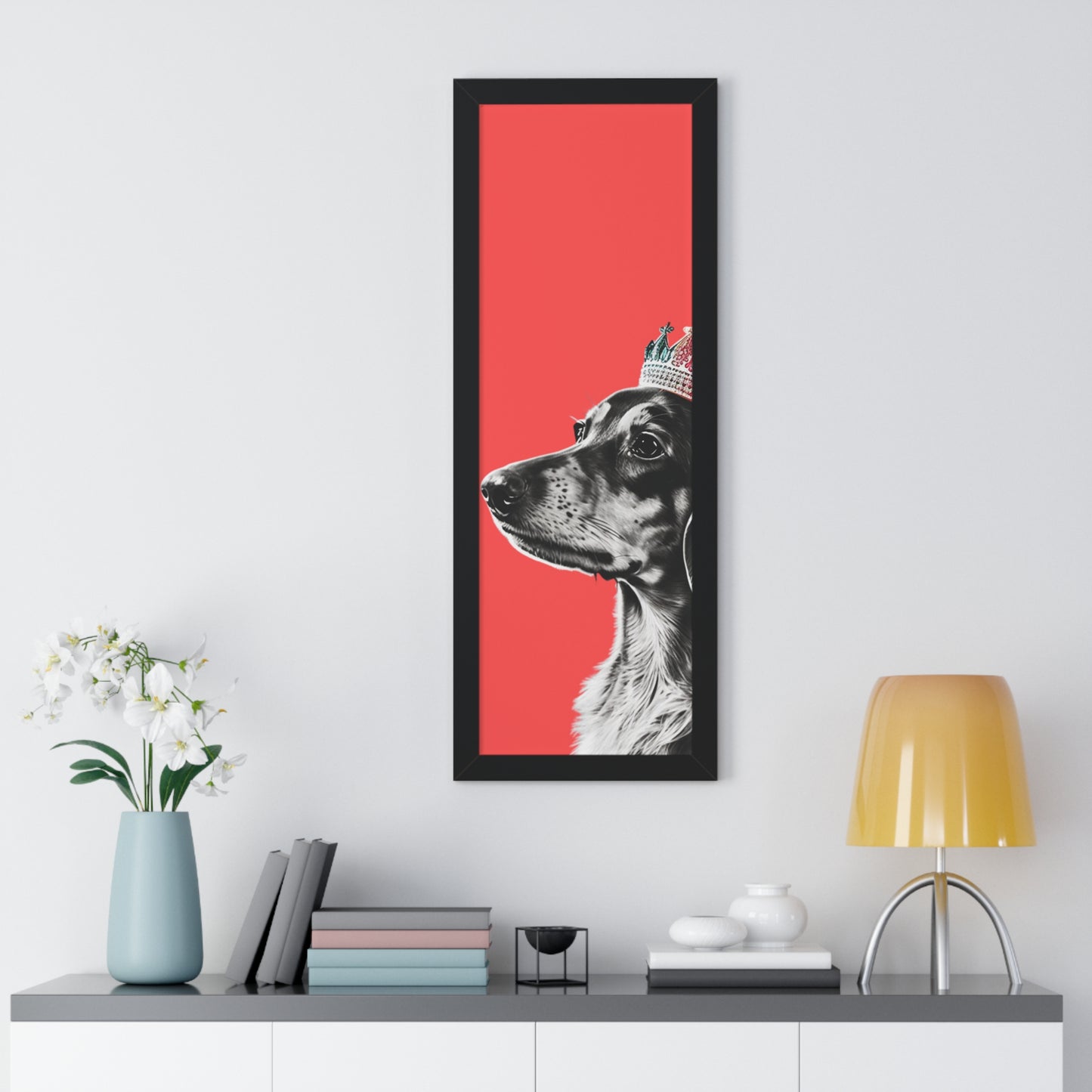 Dachshund on Coral Framed Art Print - Choice of White, Black, or Walnut Frame