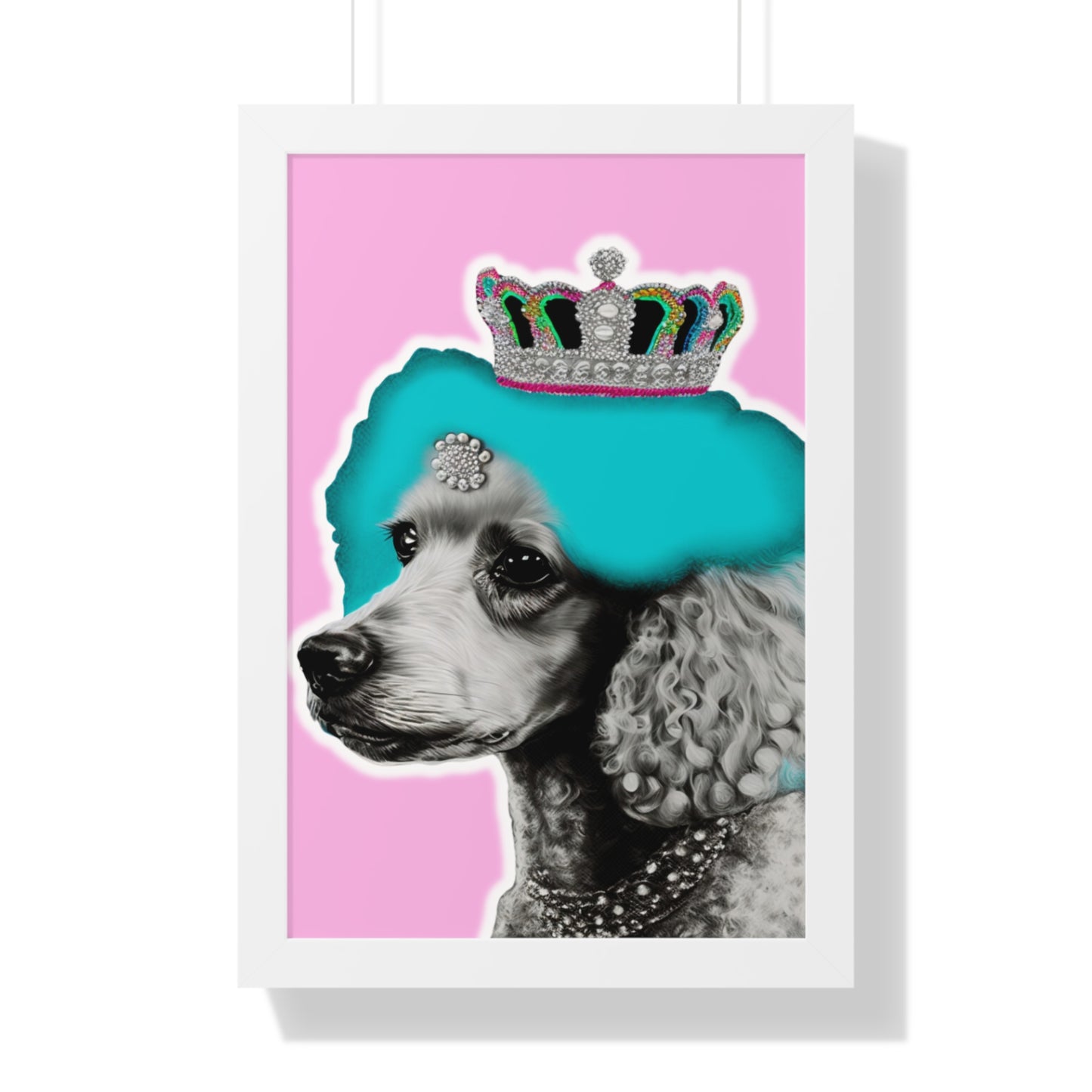 Framed Crowned Pop Art Poodle Print on Pink - Choose Walnut, White, or Black Frame