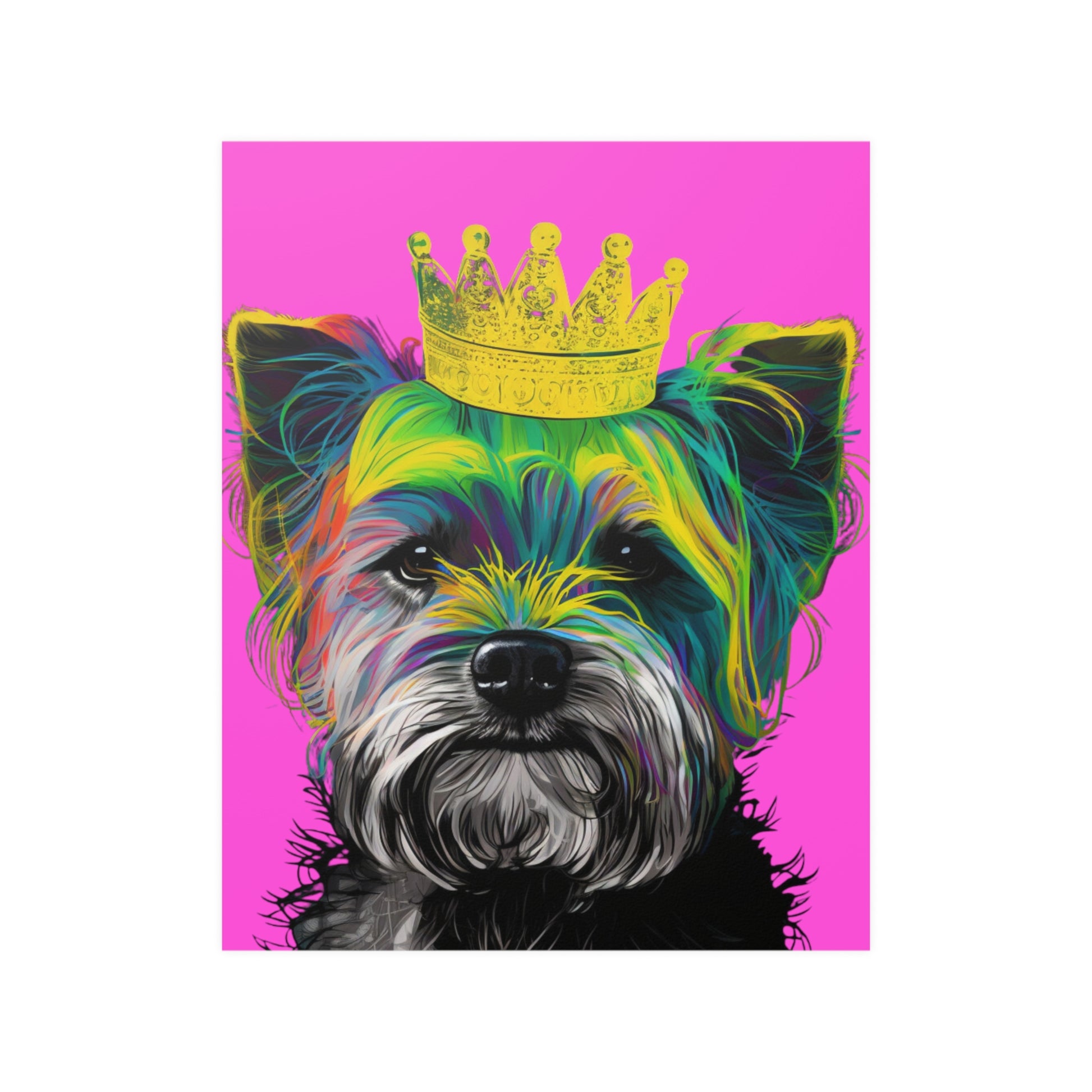 Eye-catching poster featuring a vibrant purple Pop Art depiction of a Yorkshire Terrier. The bold and playful design highlights the spirited personality of the Yorkie, making it a perfect artistic statement for any dog lover's home decor.