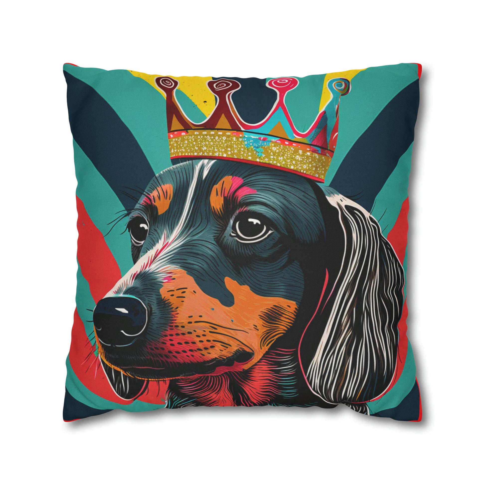 Pop Art Crowned Dachshund on Stripes cushion cover - A vibrant and artistic home decor accent featuring a colorful dachshund wearing a crown against a detailed striped background.