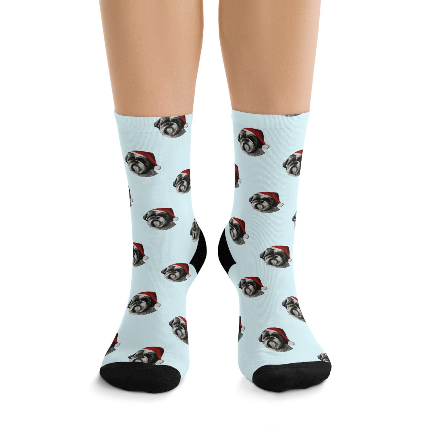 A pair of cozy Shih Tzu Christmas socks featuring a charming Shih Tzu dog design, perfect for adding a touch of holiday cheer to your festive attire.