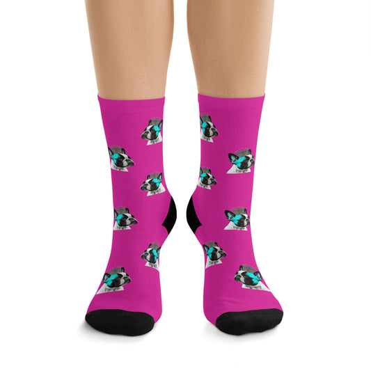 A pair of vibrant pink novelty socks featuring a stylish pop art French Bulldog design.