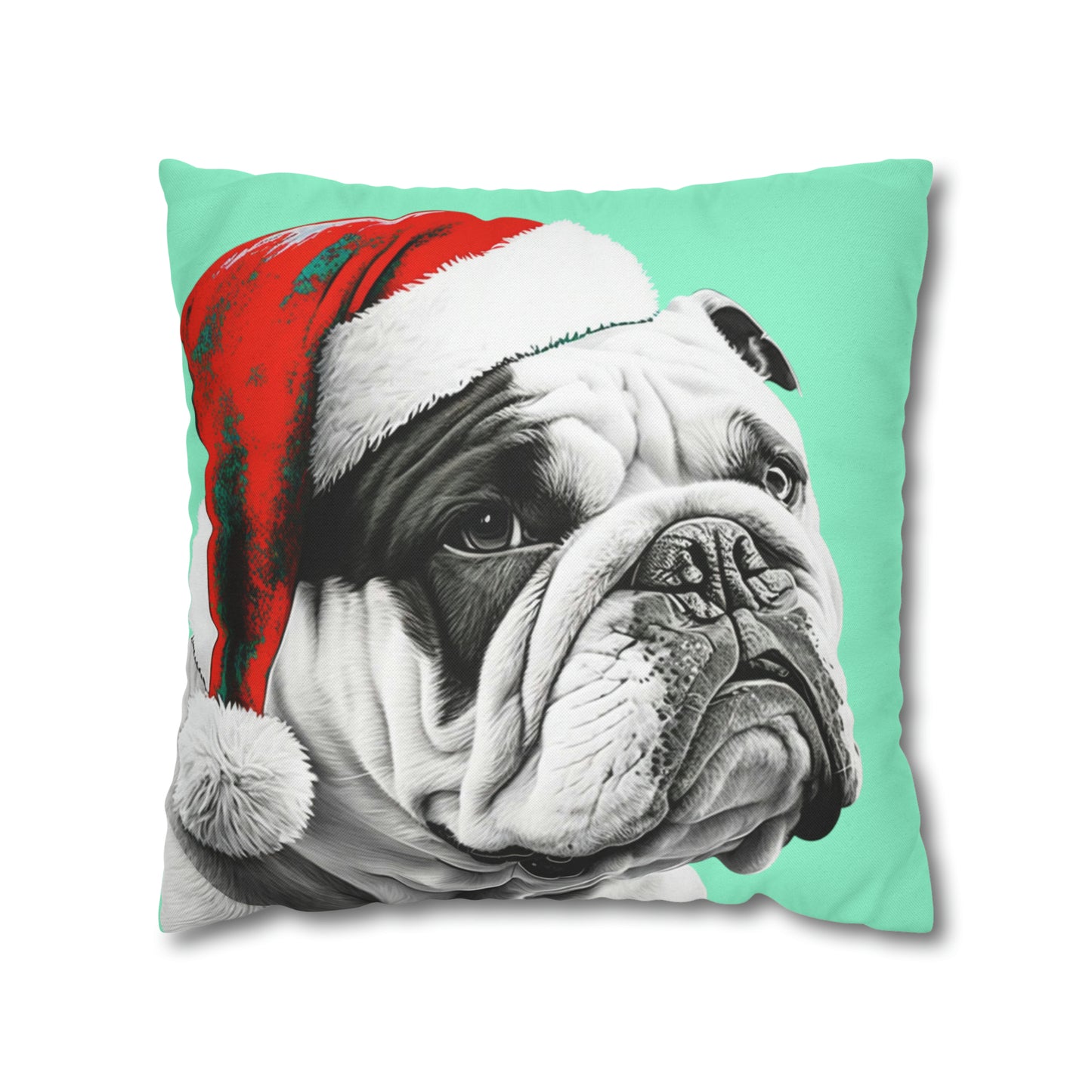 A colorful PopArt-style pillow cover featuring a Bulldog in a Santa hat, perfect for adding a fun and artsy touch to your festive decor.