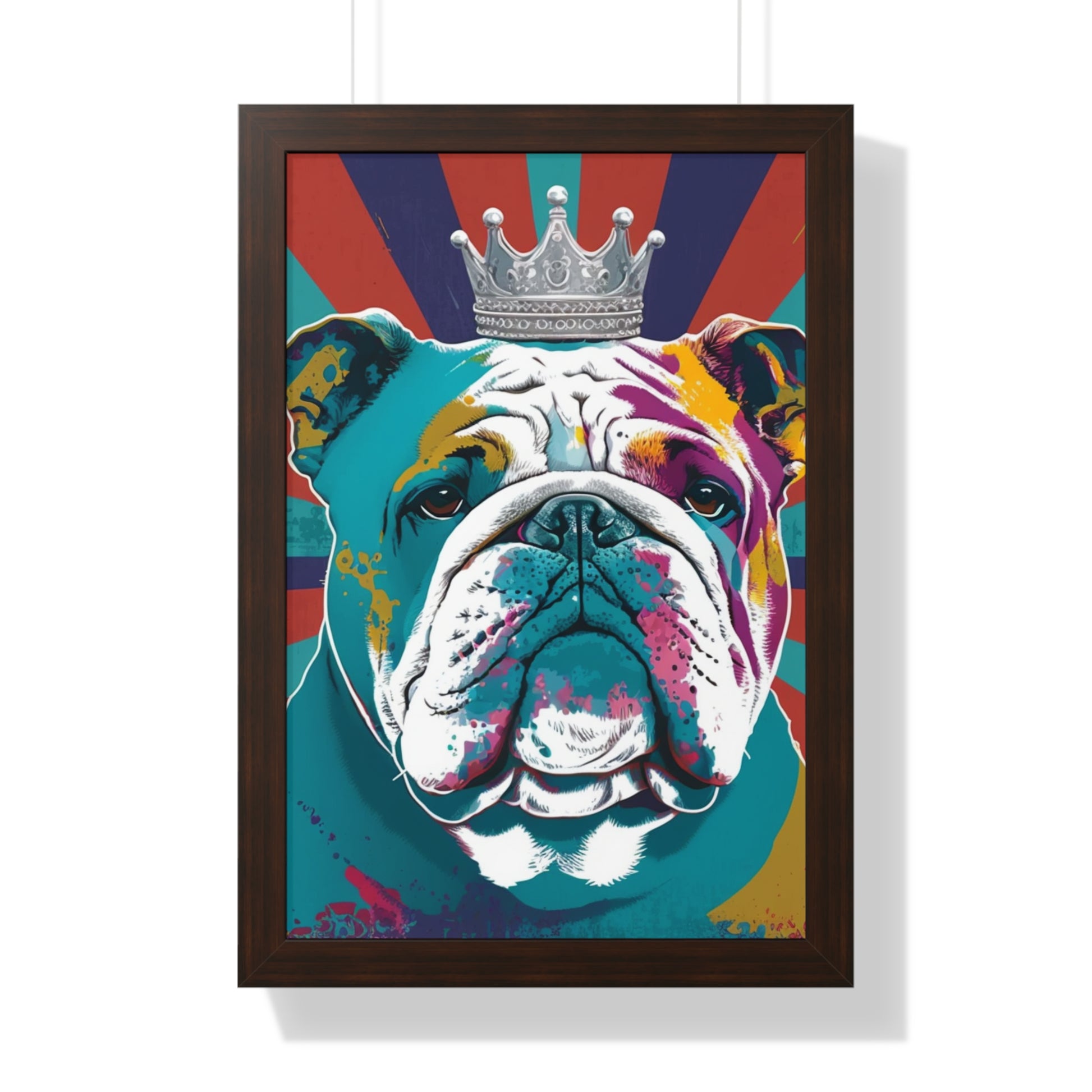 A vibrant framed canvas print featuring a PopArt British Bulldog, perfect for adding a bold and artistic touch to any interior space.