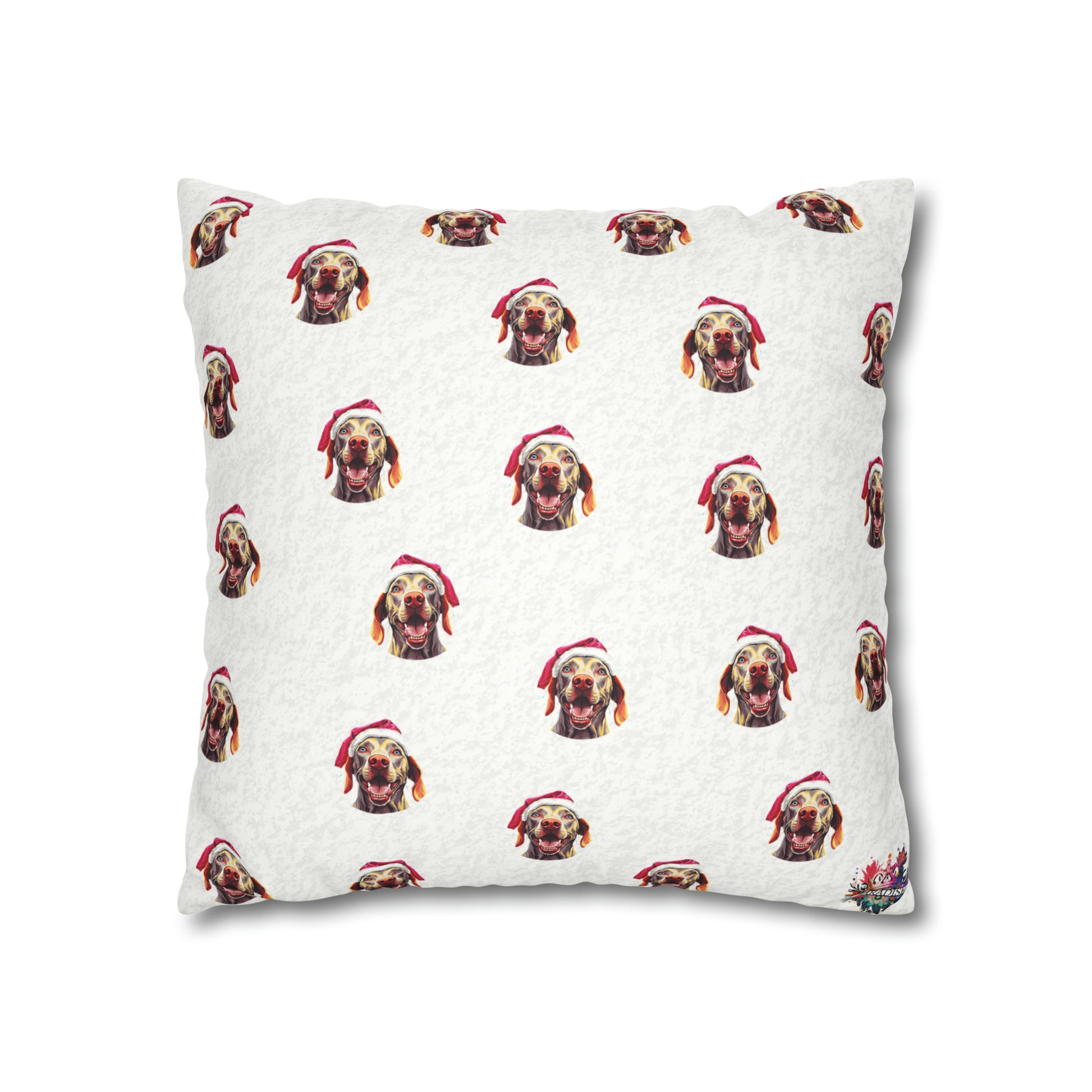 A sophisticated white cushion cover featuring a detailed illustration of a graceful Weimaraner set in a picturesque winter wonderland scene. The cover, designed for the festive season, elegantly blends the dog's silhouette with a backdrop of snowy landscapes and subtle Christmas motifs, creating a serene and stylish holiday decor piece.