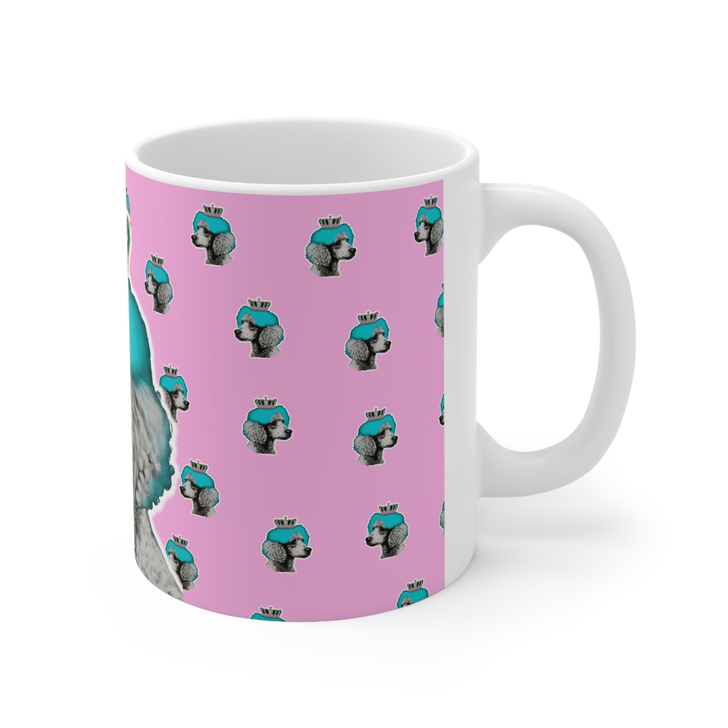 Crowned Pop Art Poodle Mug in Pink' features a vibrant and colorful illustration of a regal poodle in pop art style on a pink background, perfect for adding a touch of whimsy and style to your drinkware collection