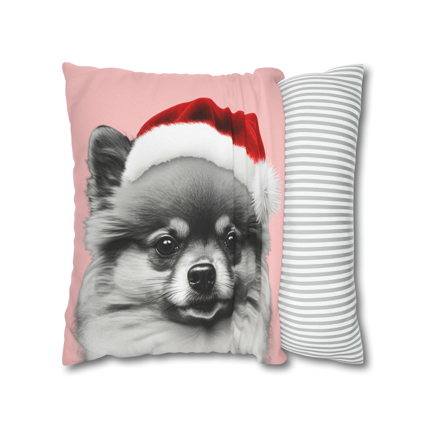 Christmas Pomeranian Cushion Cover on Pink Background